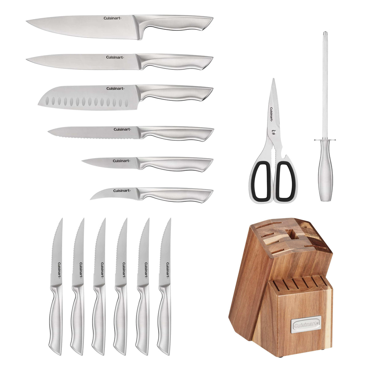 Cuisinart 15pc Elite Series Stainless Steel Block Set with Acacia Block, Silver