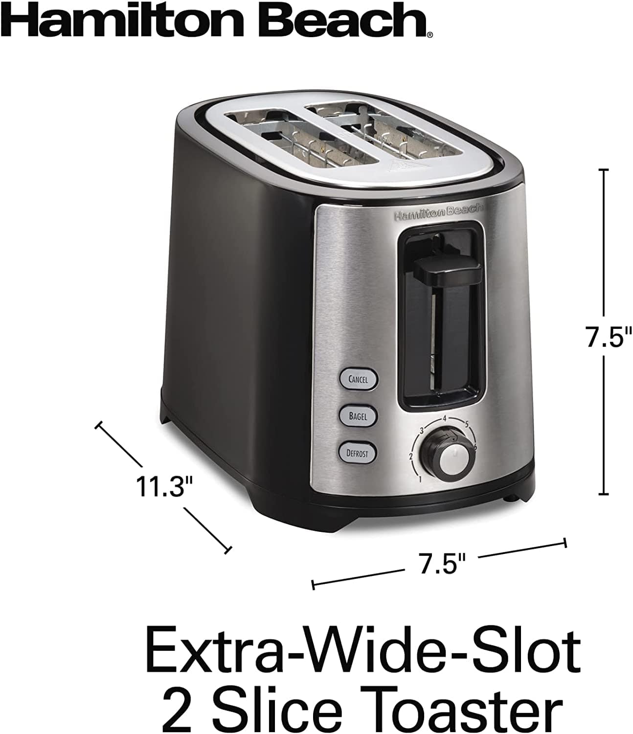 Hamilton Beach 2 Slice Extra Wide Slot Toaster with Bagel & Defrost Settings, Shade Selector, Toast Boost, Auto Shutoff, Black & Stainless Steel