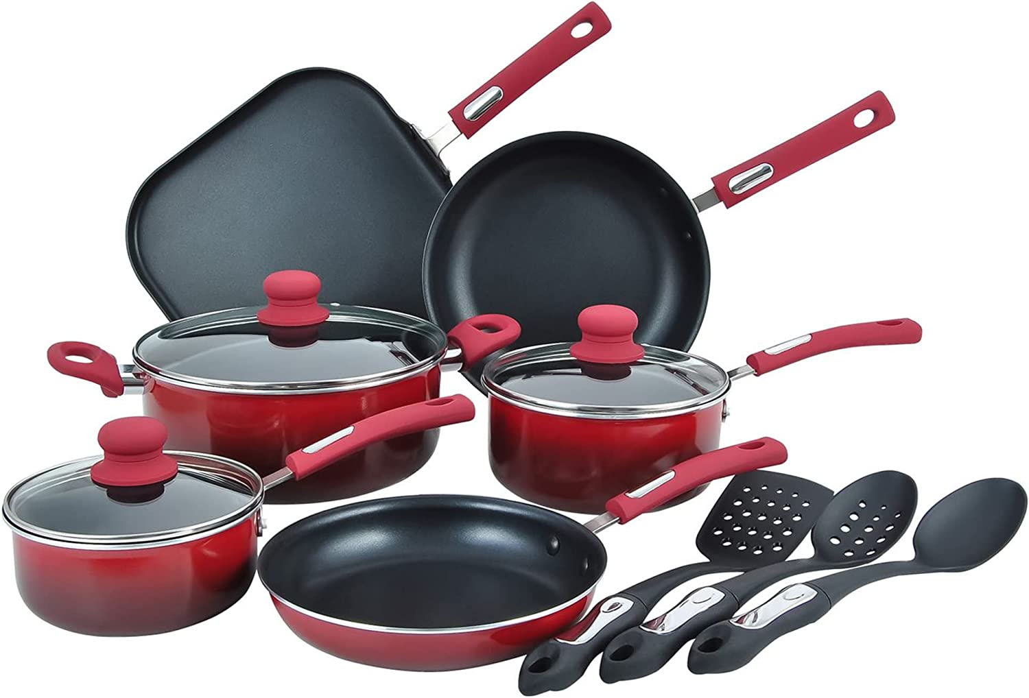 Hamilton Beach 12 Piece Non-Stick Interior Soft Touch Handles Aluminum Cookware Set, Gradient Red