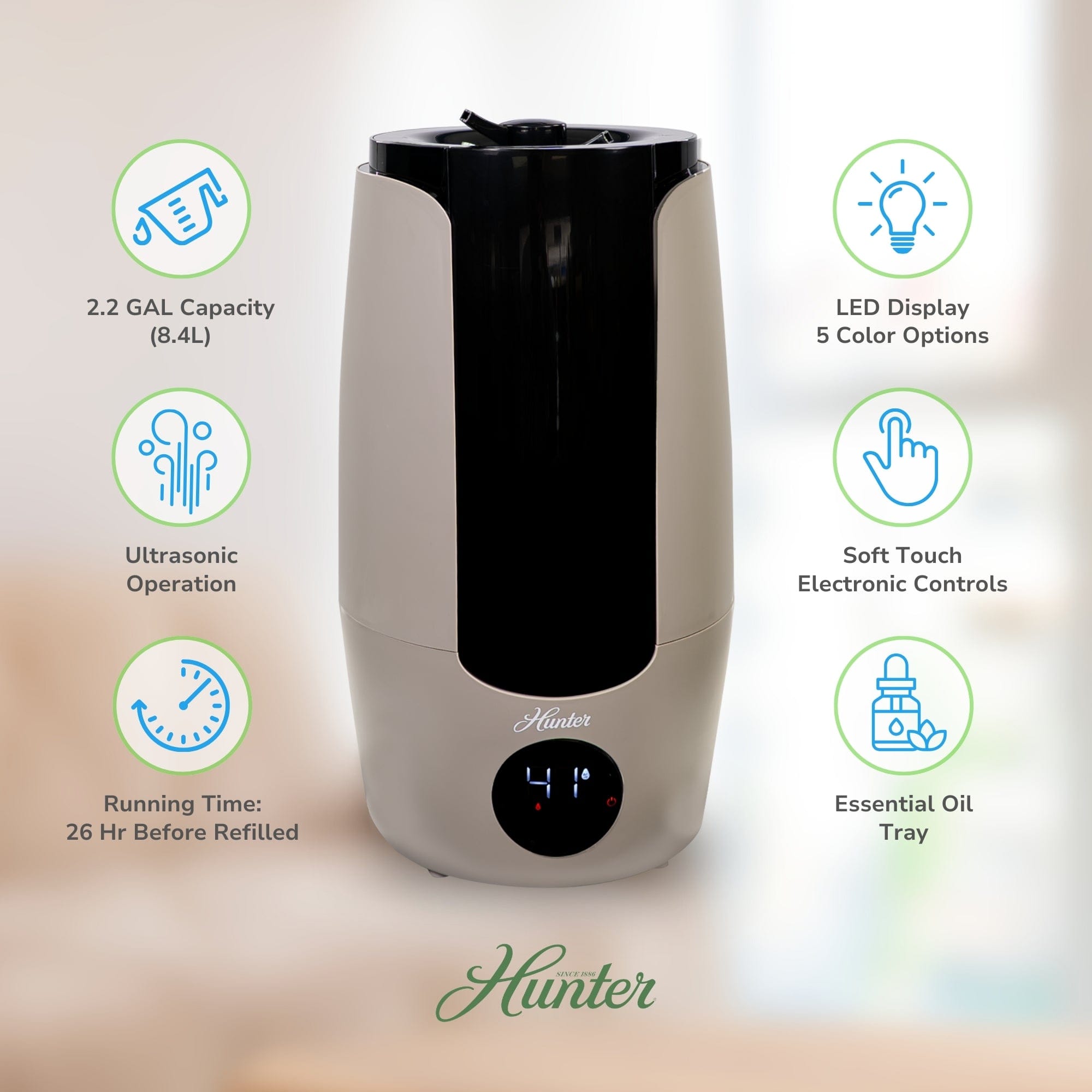 Hunter Aspire Ultrasonic 2.25 Gal Cool Mist Humidifier, Ultrasonic Cool Mist, HHU400