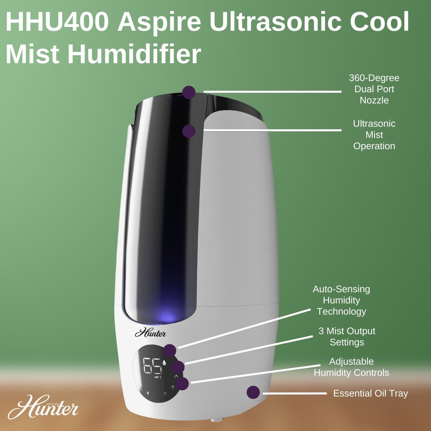 Hunter Aspire Ultrasonic 2.25 Gal Cool Mist Humidifier, Ultrasonic Cool Mist, HHU400