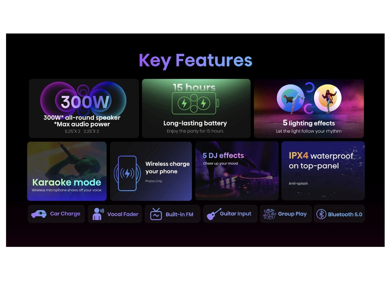 Hisense Lighted Portable Ultimate Outdoor/Indoor Party Rocker Waterproof Speaker, 300 Watts, Bluetooth Wireless, Karaoke Mode, Black