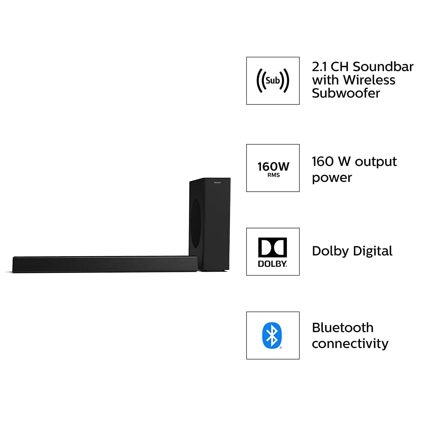 Philips 2.1Ch 160W Bluetooth Soundbar Speaker - Certified Refurbished