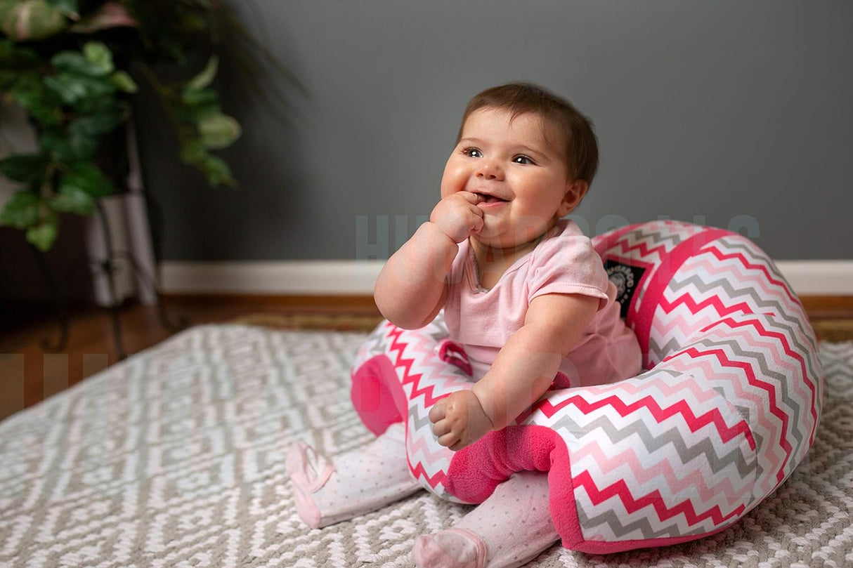 Hugaboo Infant Sitting Chair, Portable, Washable Baby Floor Seat, Pink Chevron