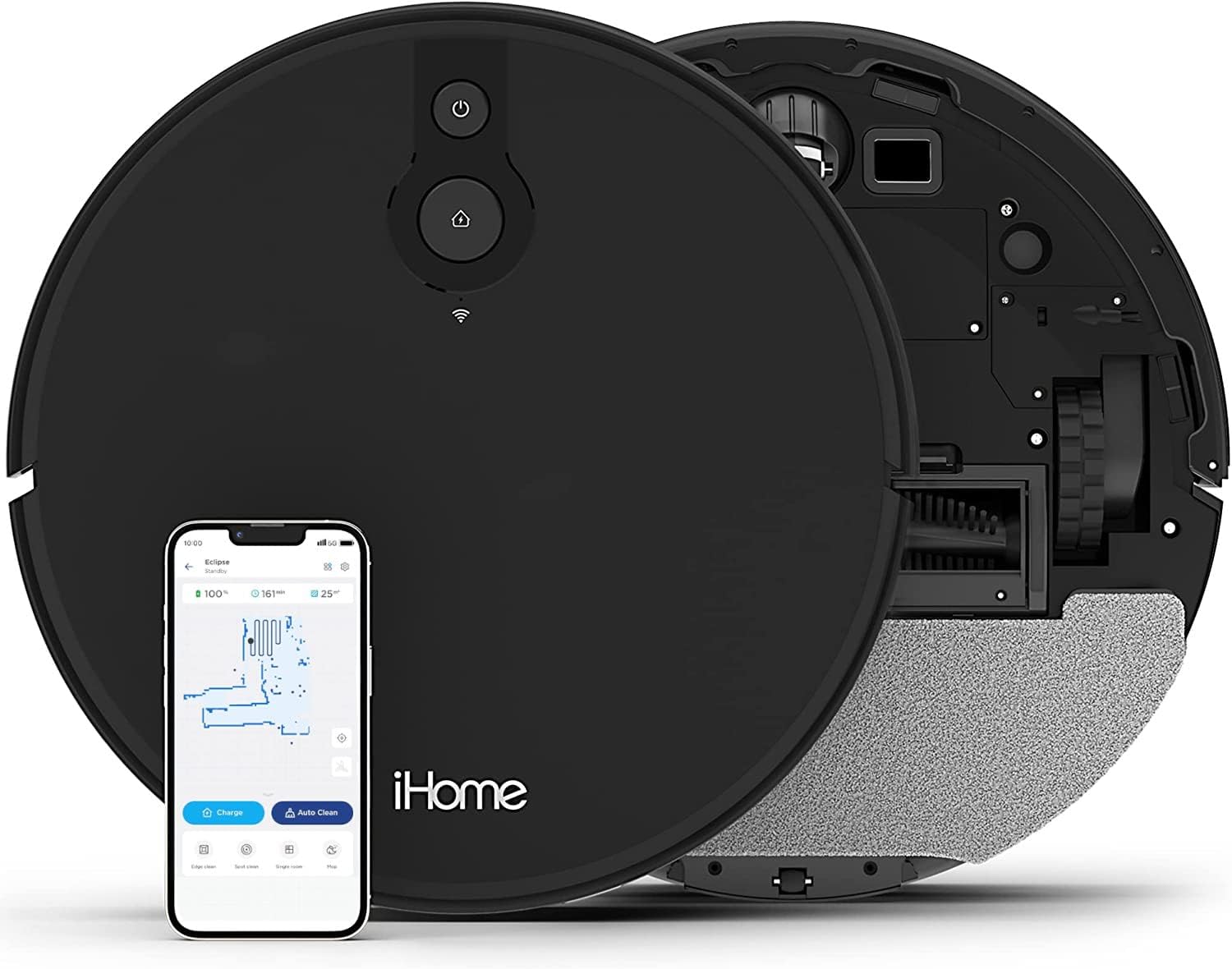 iHome iHRV10-BLK-RB AutoVac Eclipse 2-in-1 Robot Vacuum and Vibrating Mop - Grade B Certified Refurbished