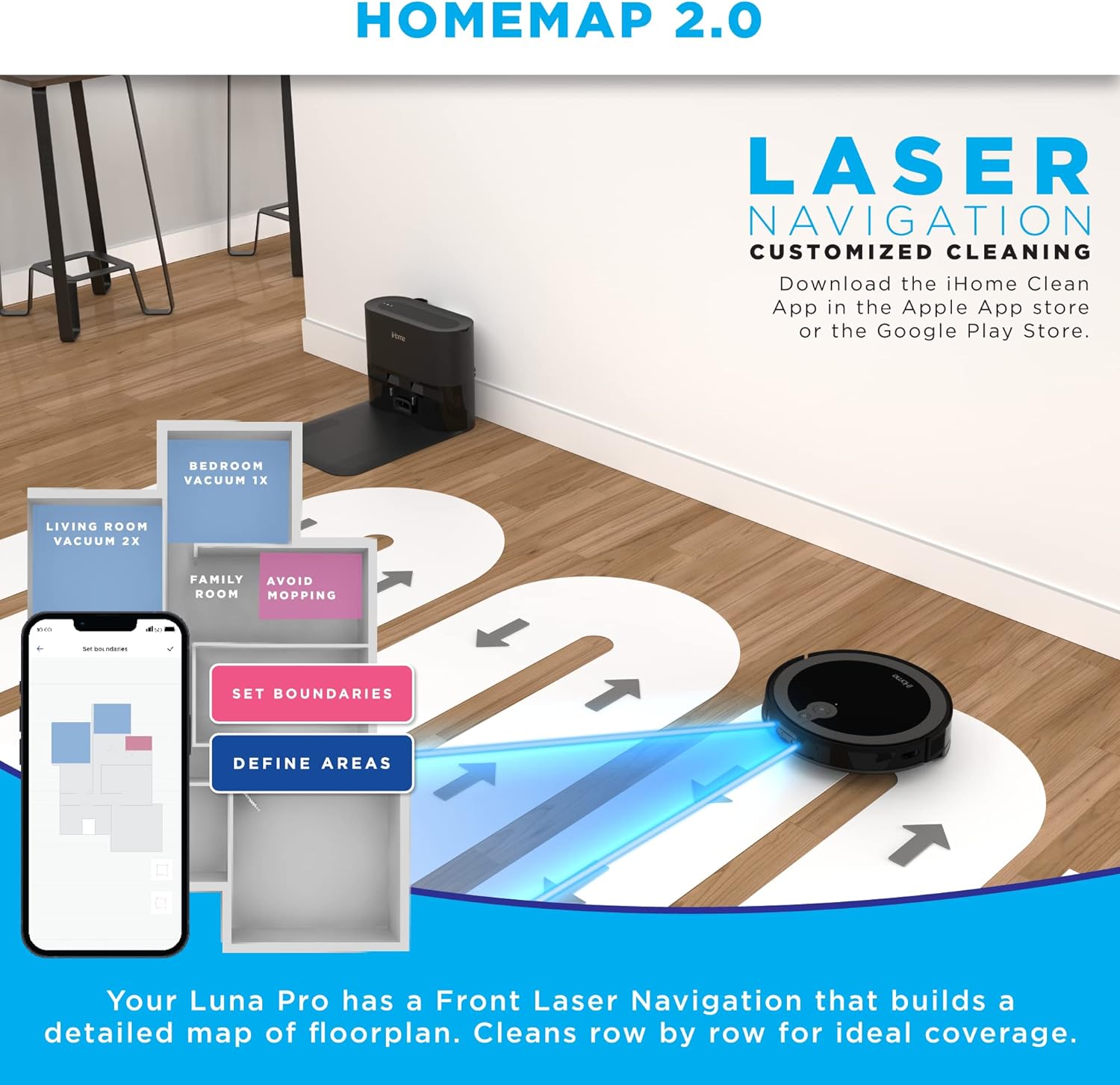 iHome AutoVac Luna Pro 3-in-1 Robot Vacuum & Vibrating Mop - Certified Refurbished, Grade B