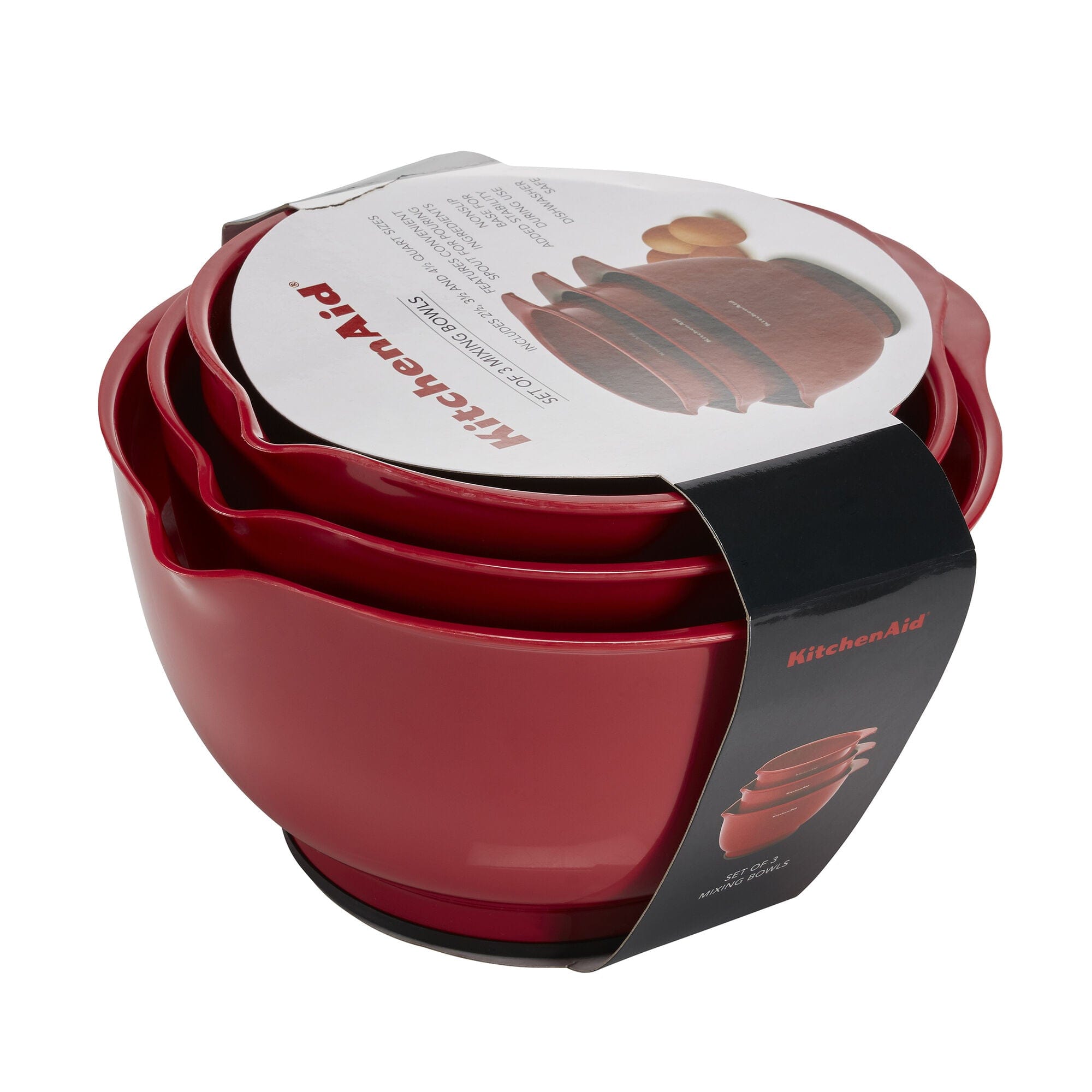 KitchenAid Universal Nesting Plastic Mixing Bowls, Set of 3, 2.5 quart, 3.5 quart, 4.5 quart, Non Slip Base with Easy Pour Spout to Reduce Mess, Dishwasher Safe, Empire Red