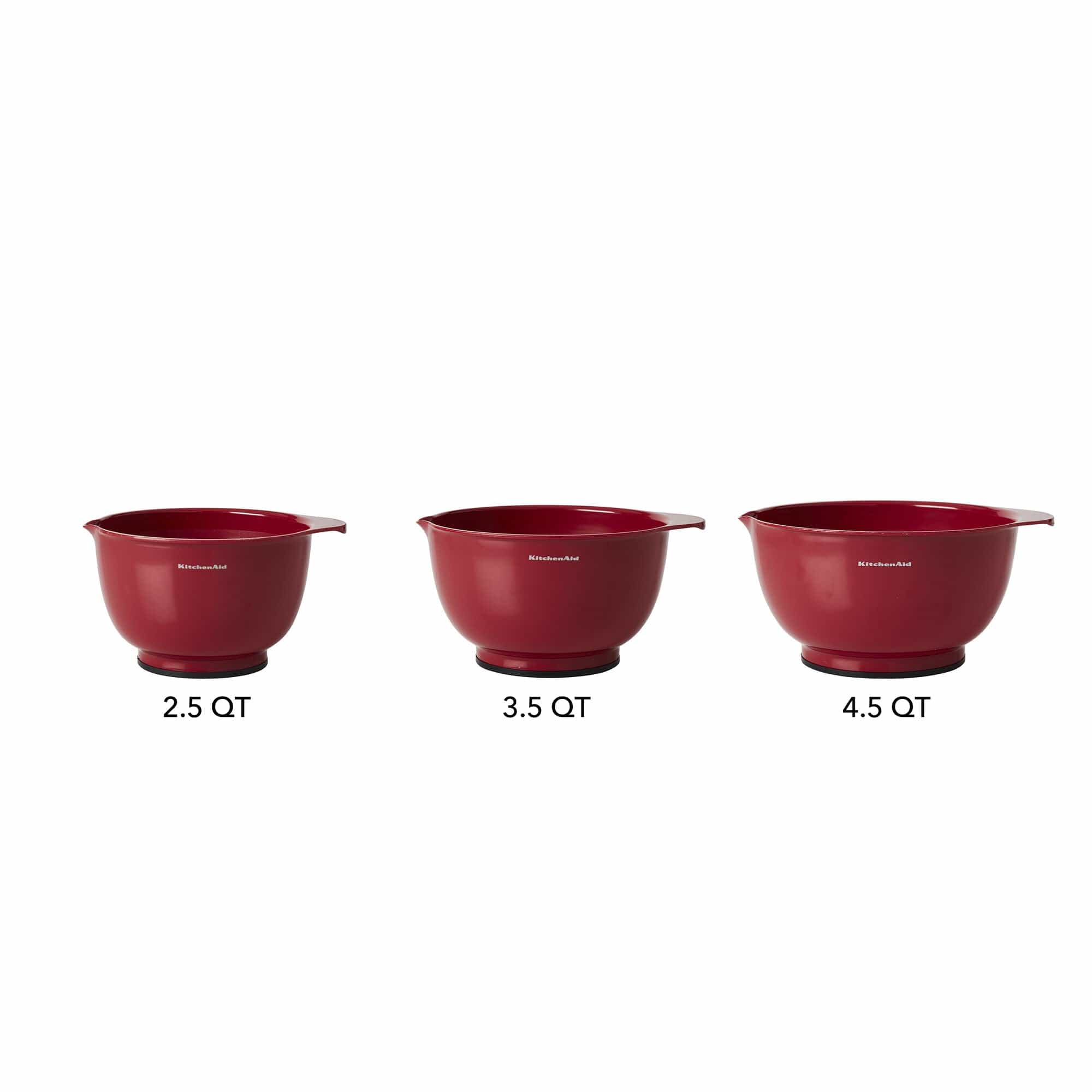 KitchenAid Universal Nesting Plastic Mixing Bowls, Set of 3, 2.5 quart, 3.5 quart, 4.5 quart, Non Slip Base with Easy Pour Spout to Reduce Mess, Dishwasher Safe, Empire Red