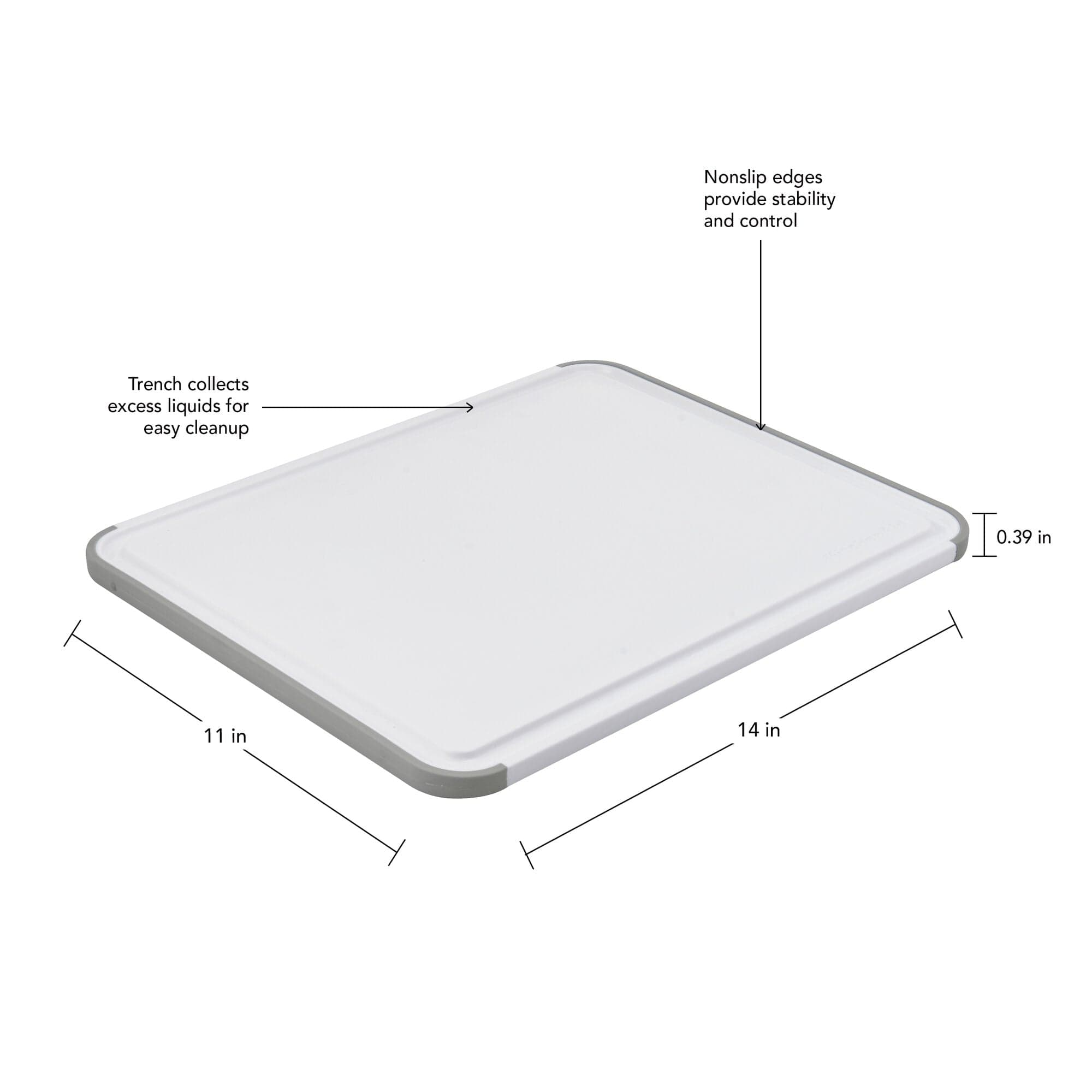 KitchenAid Classic Plastic Cutting Board with Perimeter Trench and Non Slip Edges, Dishwasher Safe, 11 inch x 14 inch, White and Gray