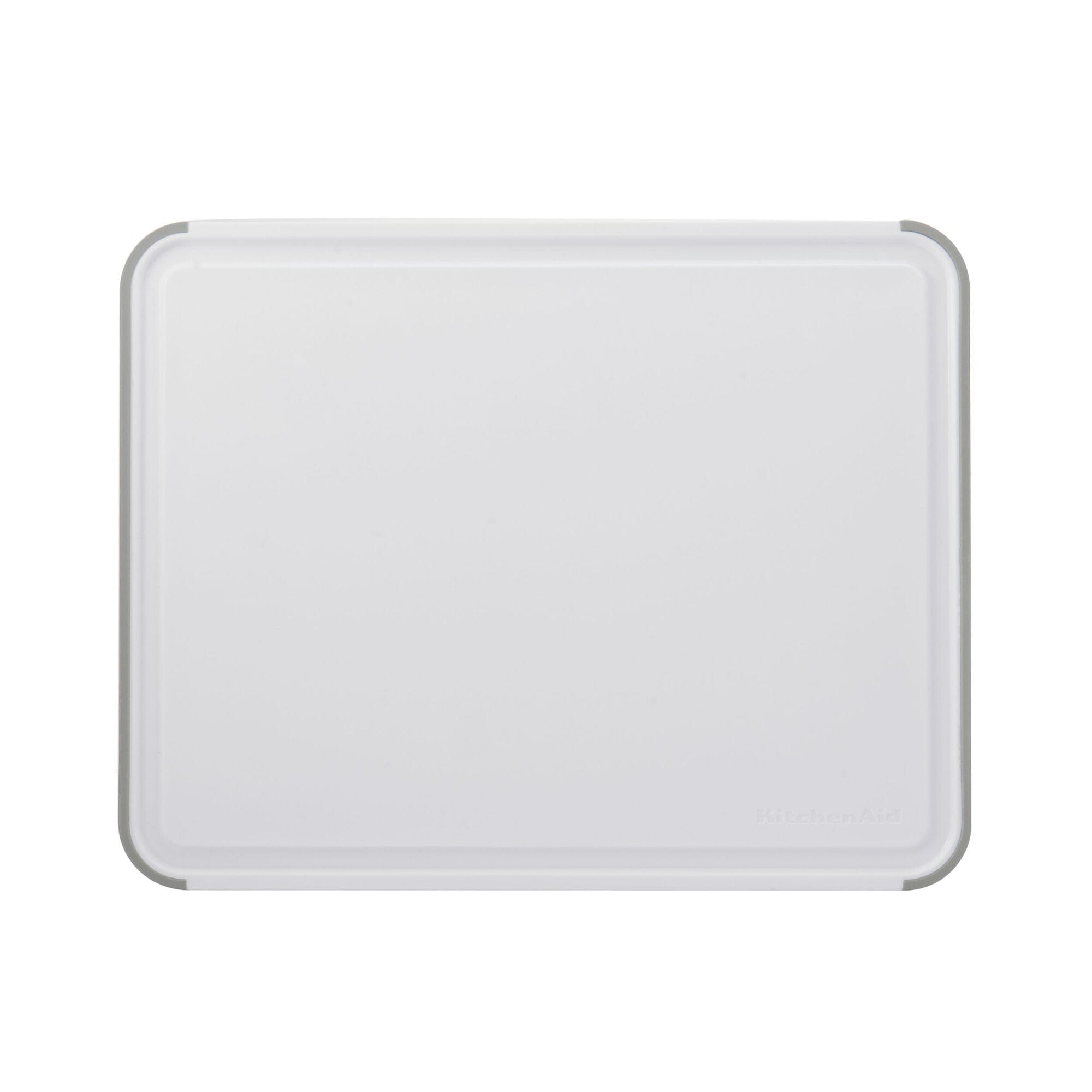 KitchenAid Classic Plastic Cutting Board with Perimeter Trench and Non Slip Edges, Dishwasher Safe, 11 inch x 14 inch, White and Gray