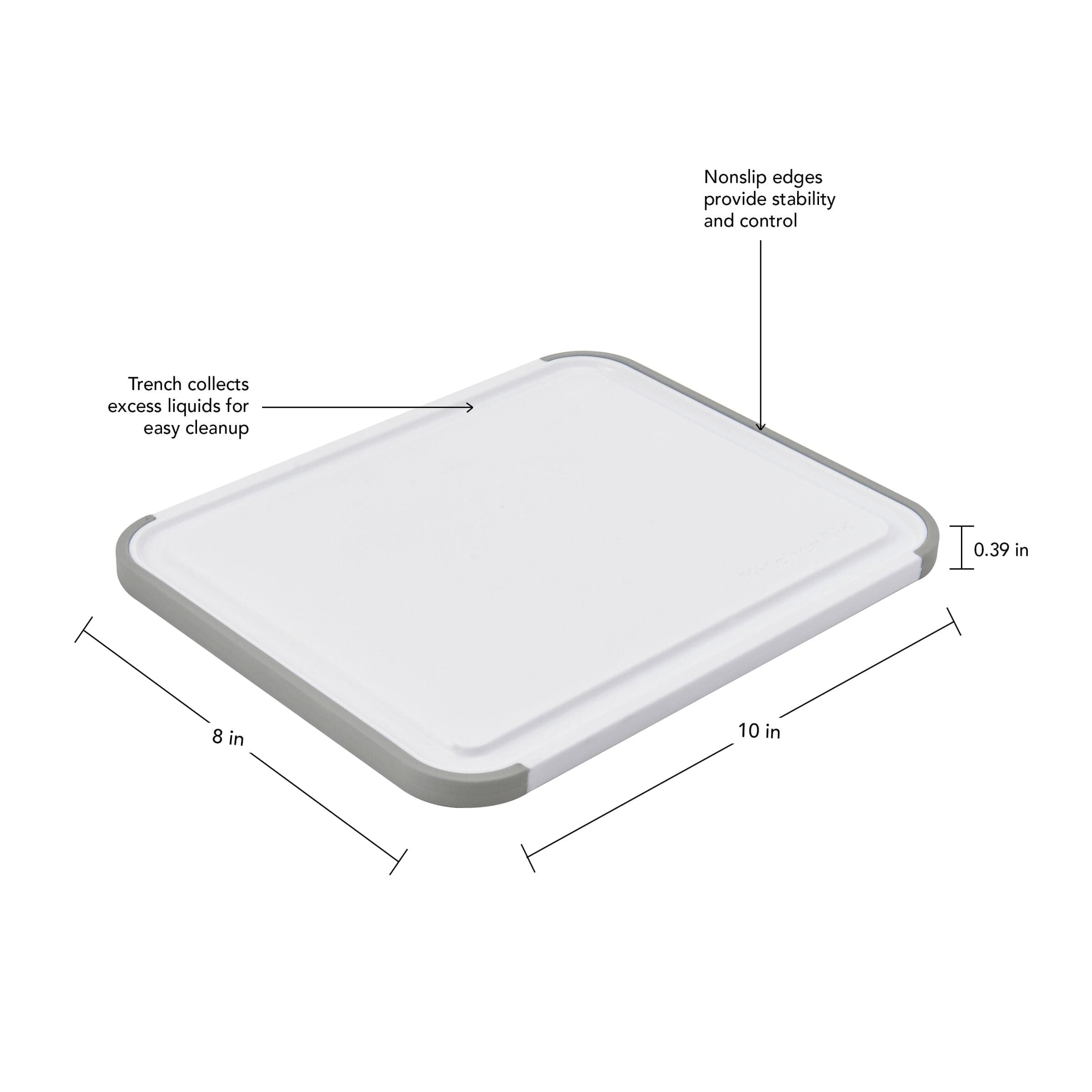 KitchenAid Classic Plastic Cutting Board, Perimeter Trench, Non Slip Edges, Dishwasher Safe, 8x10in, White and Gray