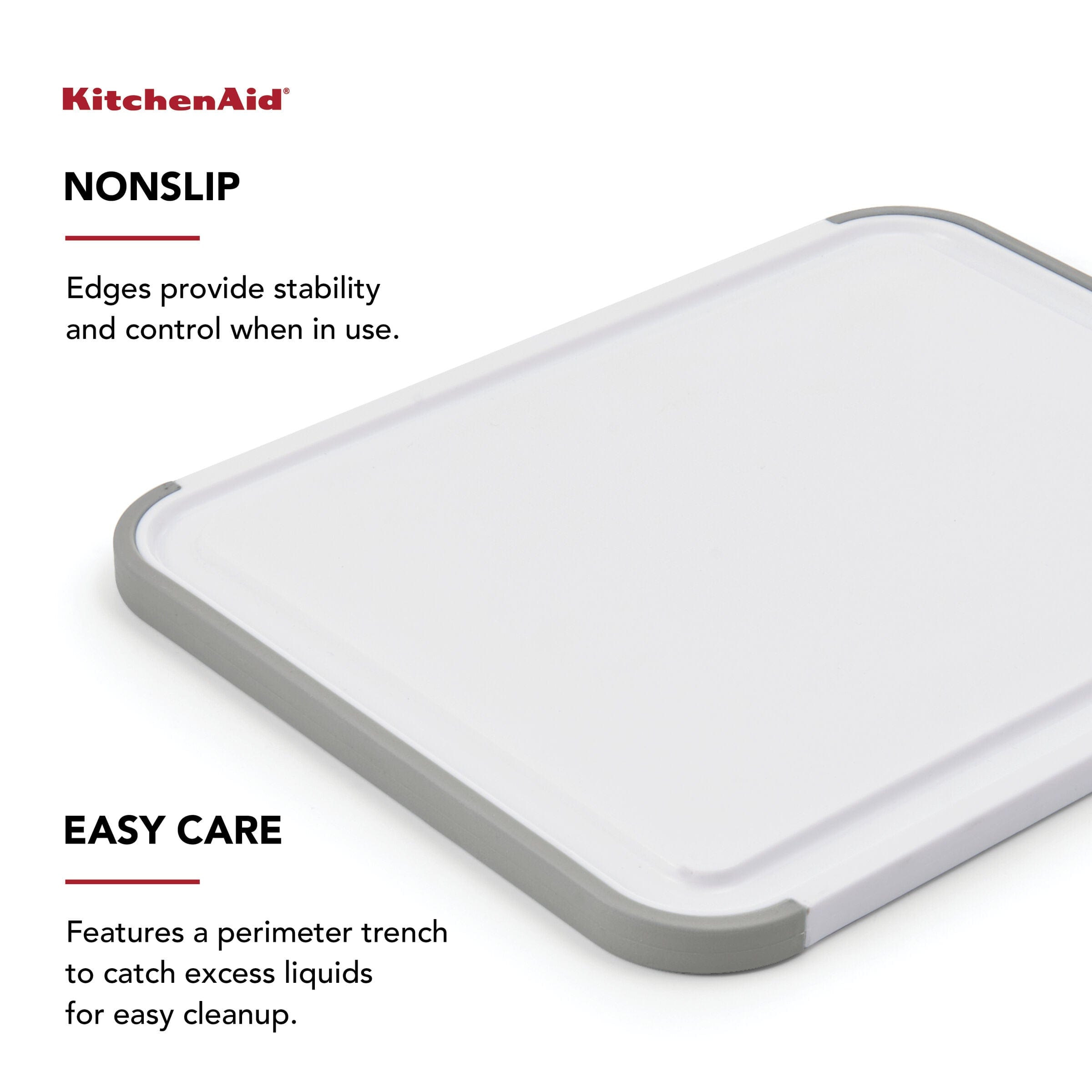 KitchenAid Classic Plastic Cutting Board, Perimeter Trench, Non Slip Edges, Dishwasher Safe, 8x10in, White and Gray