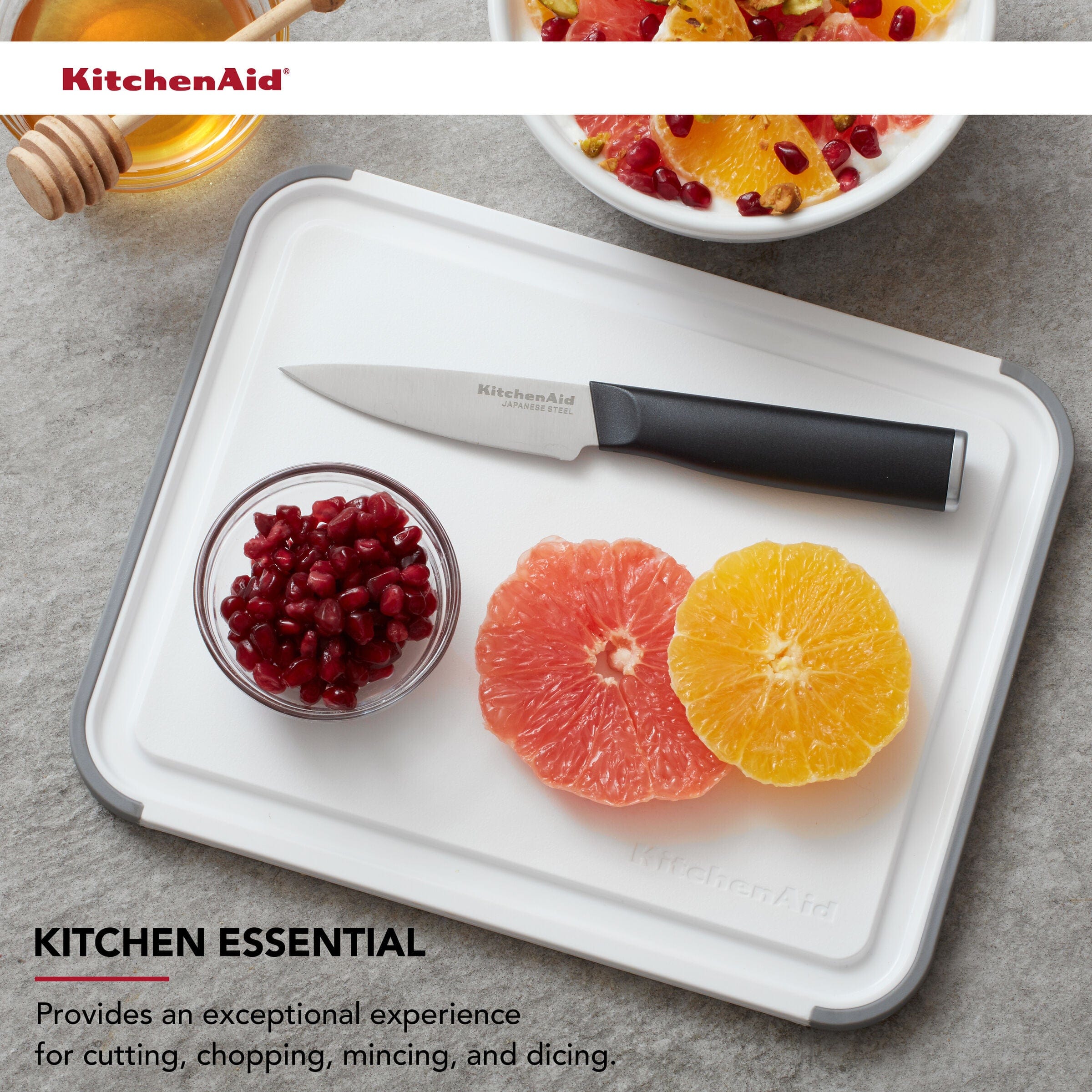 KitchenAid Classic Plastic Cutting Board, Perimeter Trench, Non Slip Edges, Dishwasher Safe, 8x10in, White and Gray