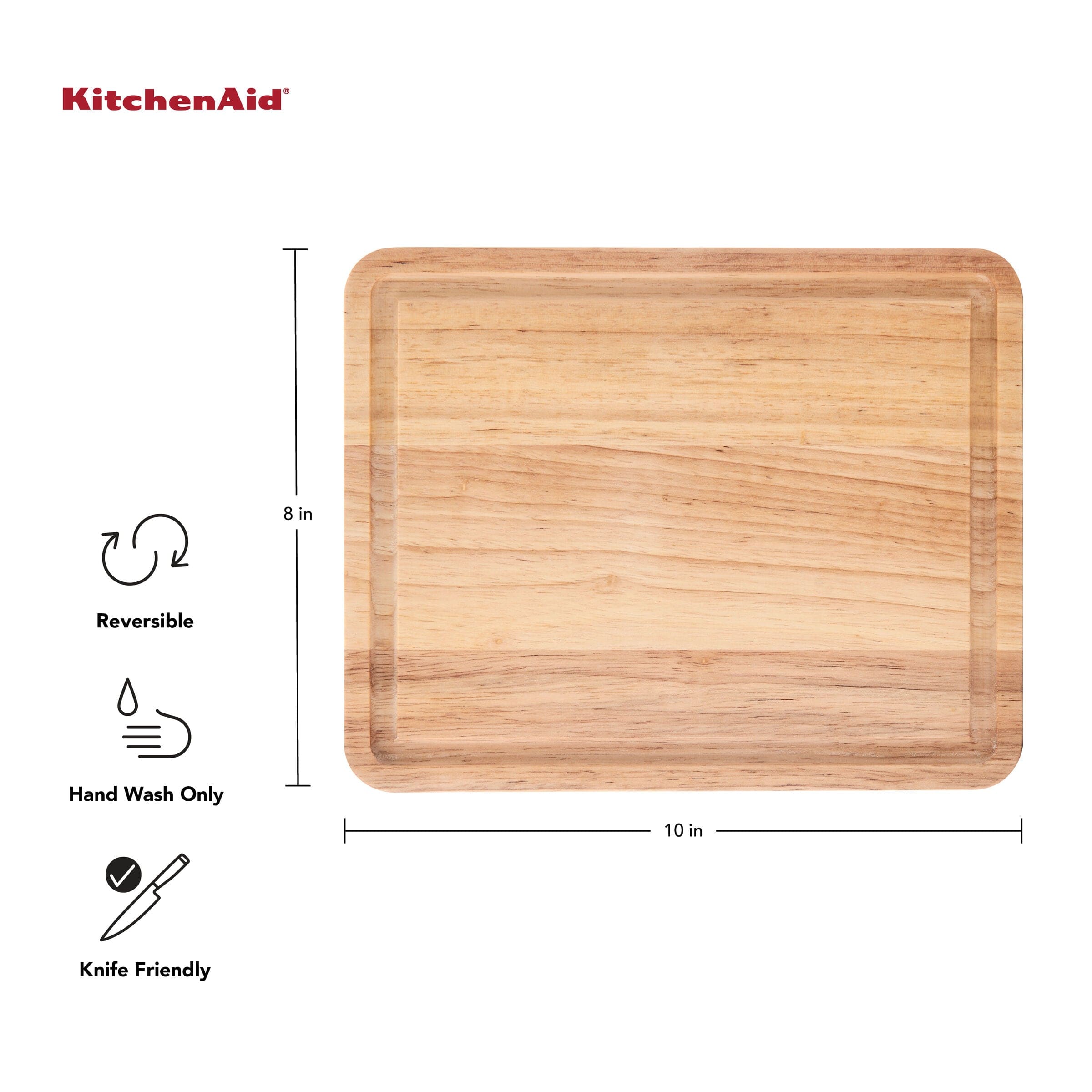 KitchenAid Classic Rubberwood Cutting Board, Perimeter Trench, Reversible Chopping Board, 8x10-Inch, Natural