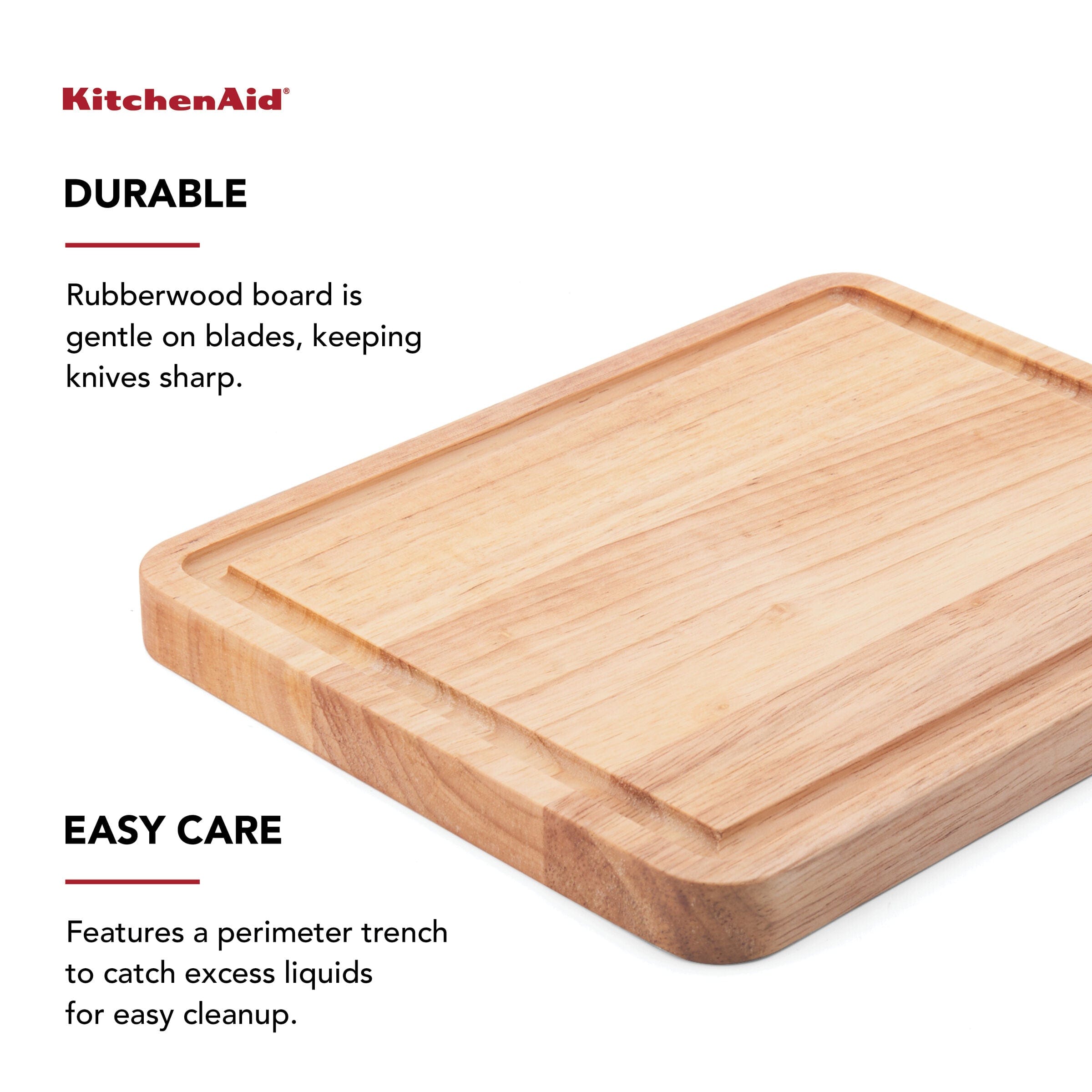 KitchenAid Classic Rubberwood Cutting Board, Perimeter Trench, Reversible Chopping Board, 8x10-Inch, Natural