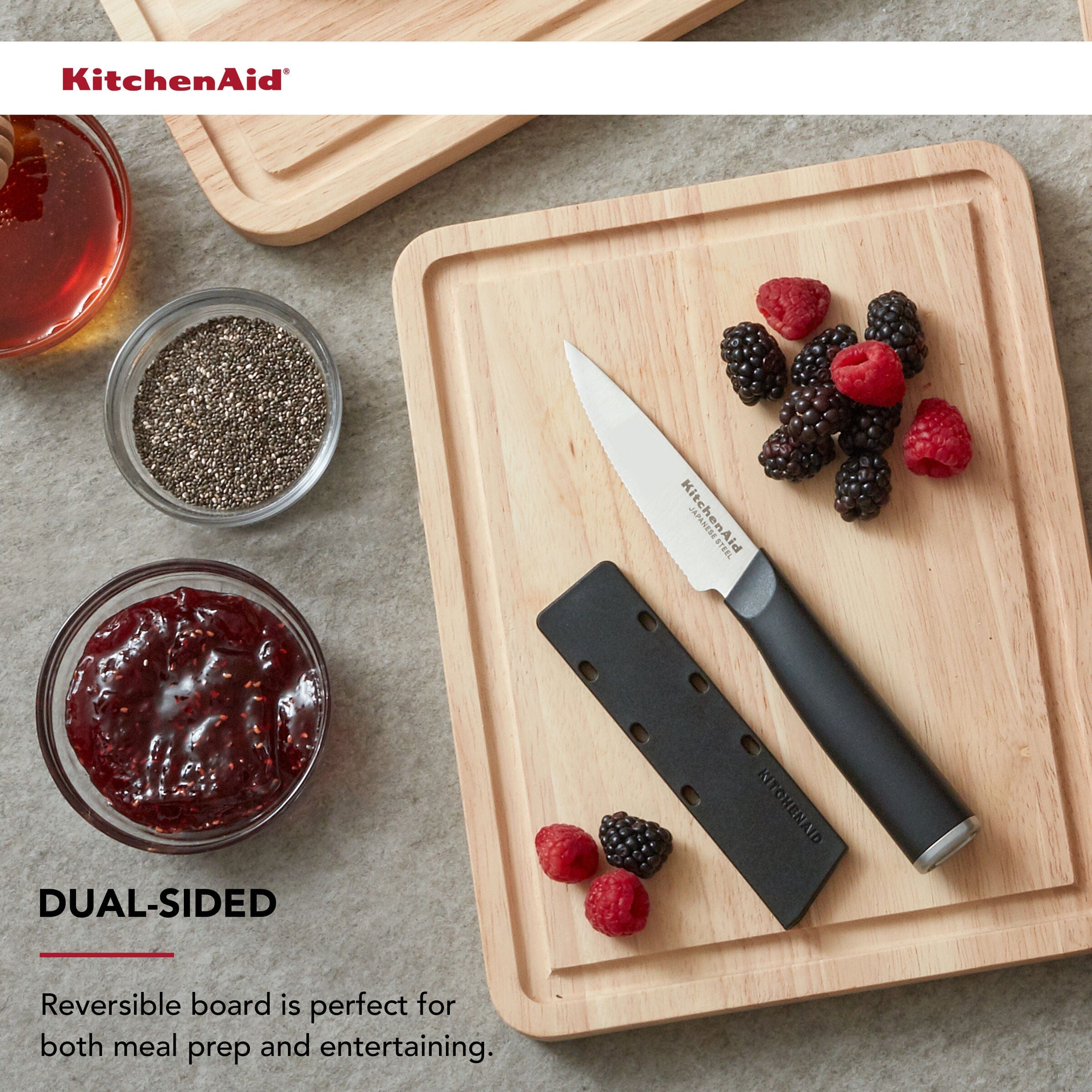 KitchenAid Classic Rubberwood Cutting Board, Perimeter Trench, Reversible Chopping Board, 8x10-Inch, Natural