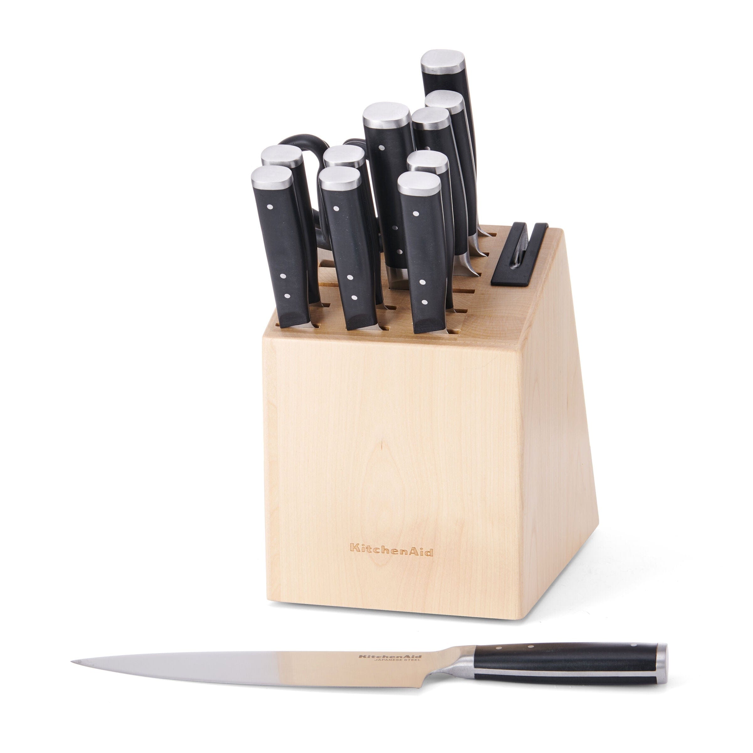 KitchenAid Gourmet 14 Piece Triple Rivet Knife Block Set with Sharpener, High Carbon Japanese Stainless Steel, Birchwood