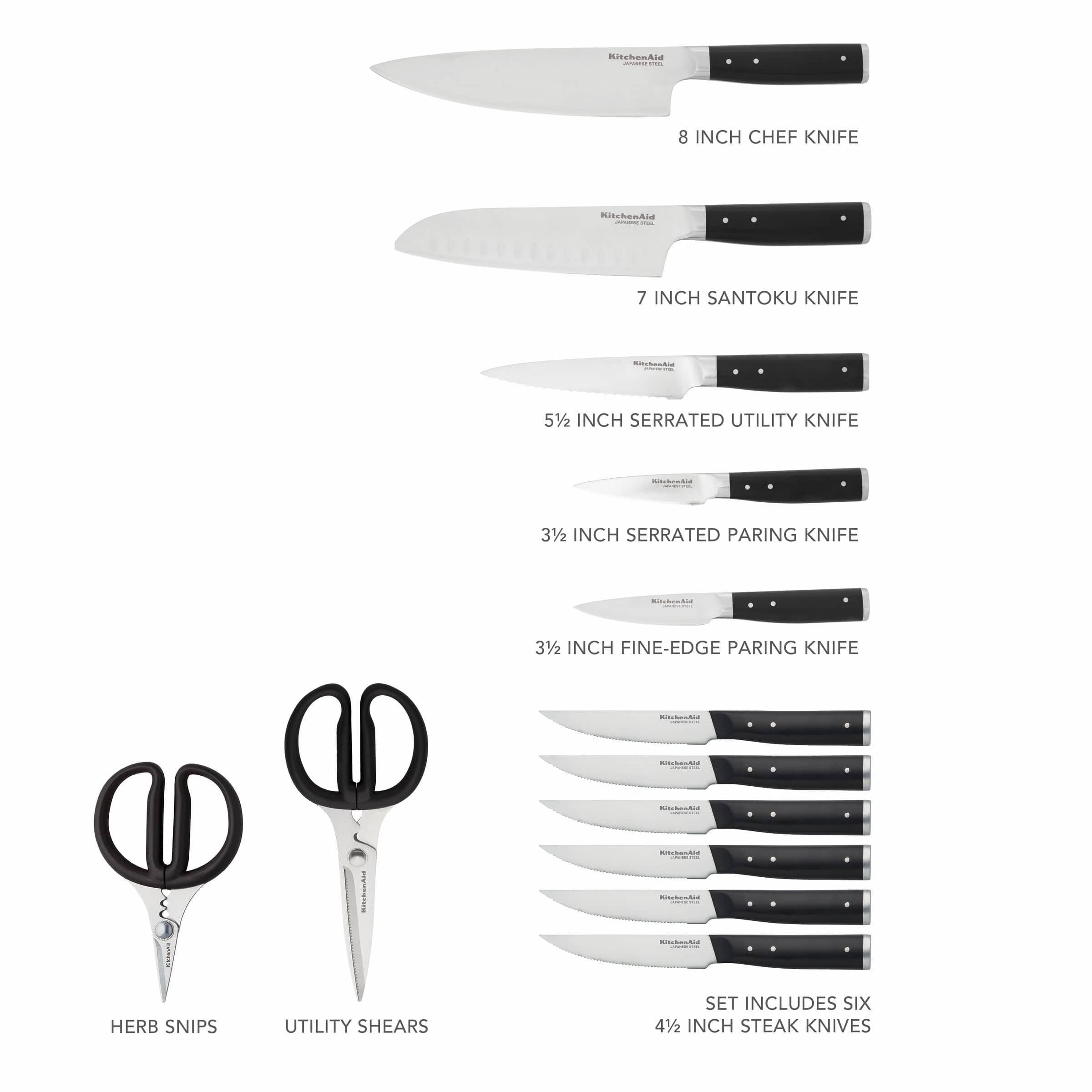 KitchenAid Gourmet 14 Piece Triple Rivet Knife Block Set with Sharpener, High Carbon Japanese Stainless Steel, Birchwood