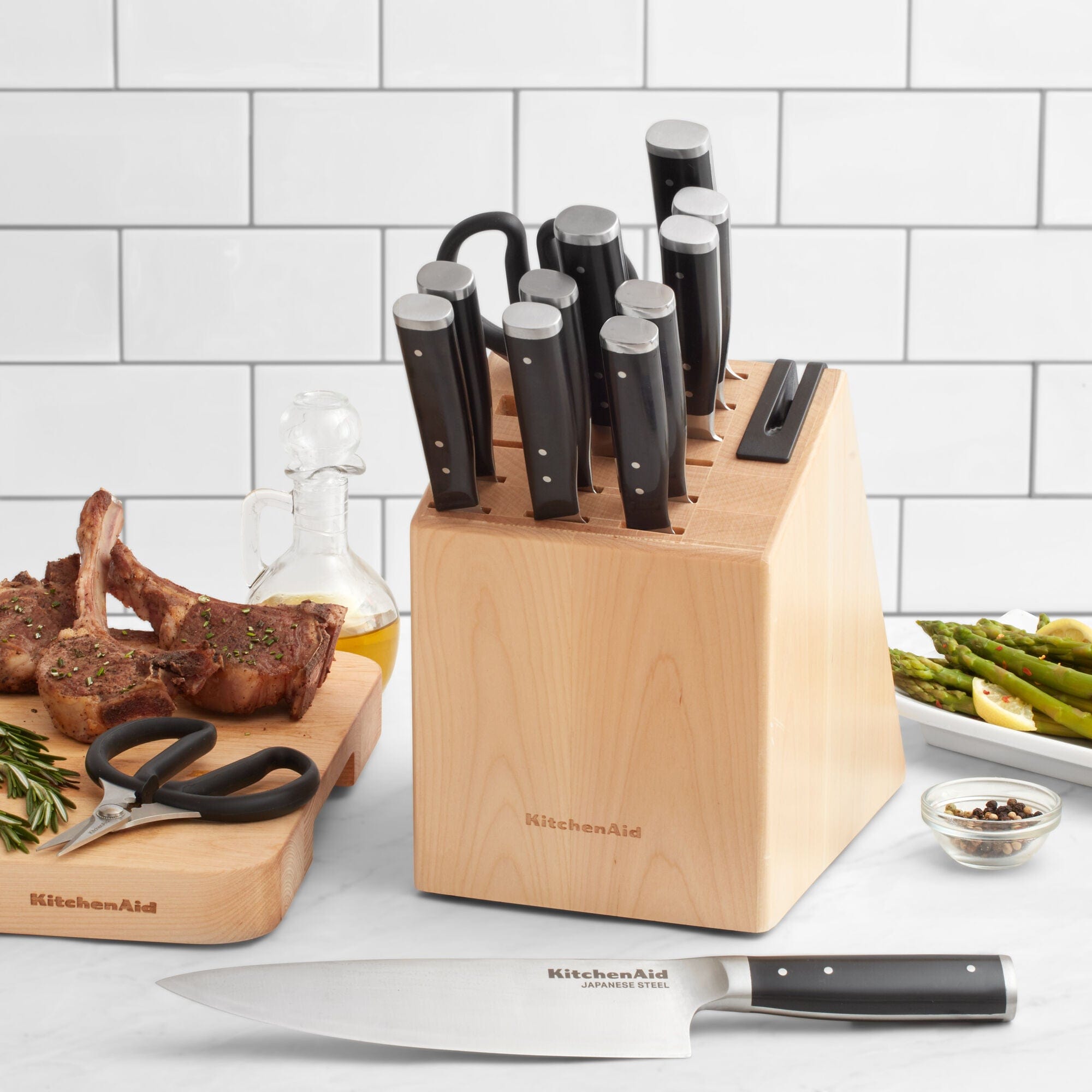 KitchenAid Gourmet 14 Piece Triple Rivet Knife Block Set with Sharpener, High Carbon Japanese Stainless Steel, Birchwood