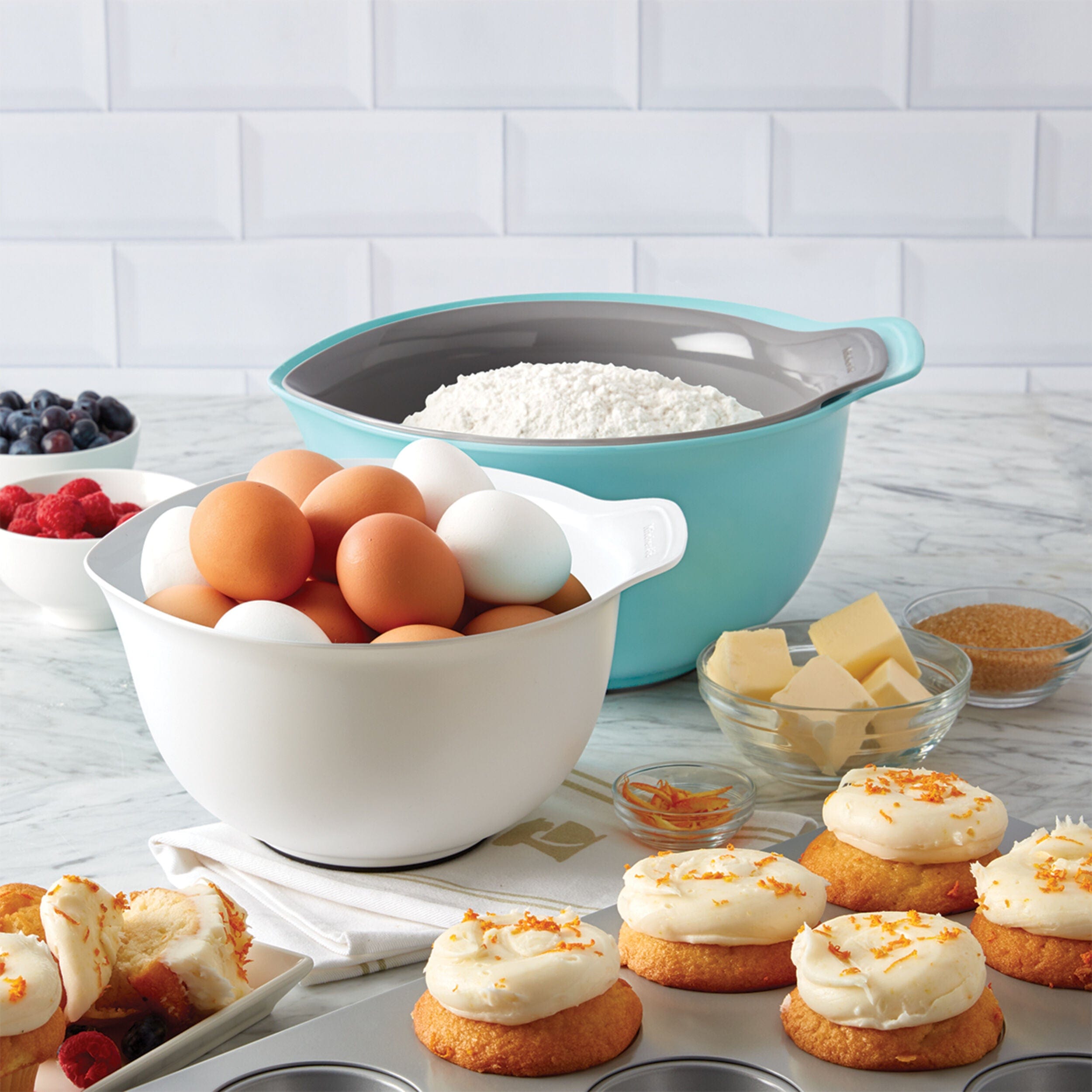 KitchenAid Universal Silicone Mixing Bowls, Set of 3, Aqua Sky White Gray