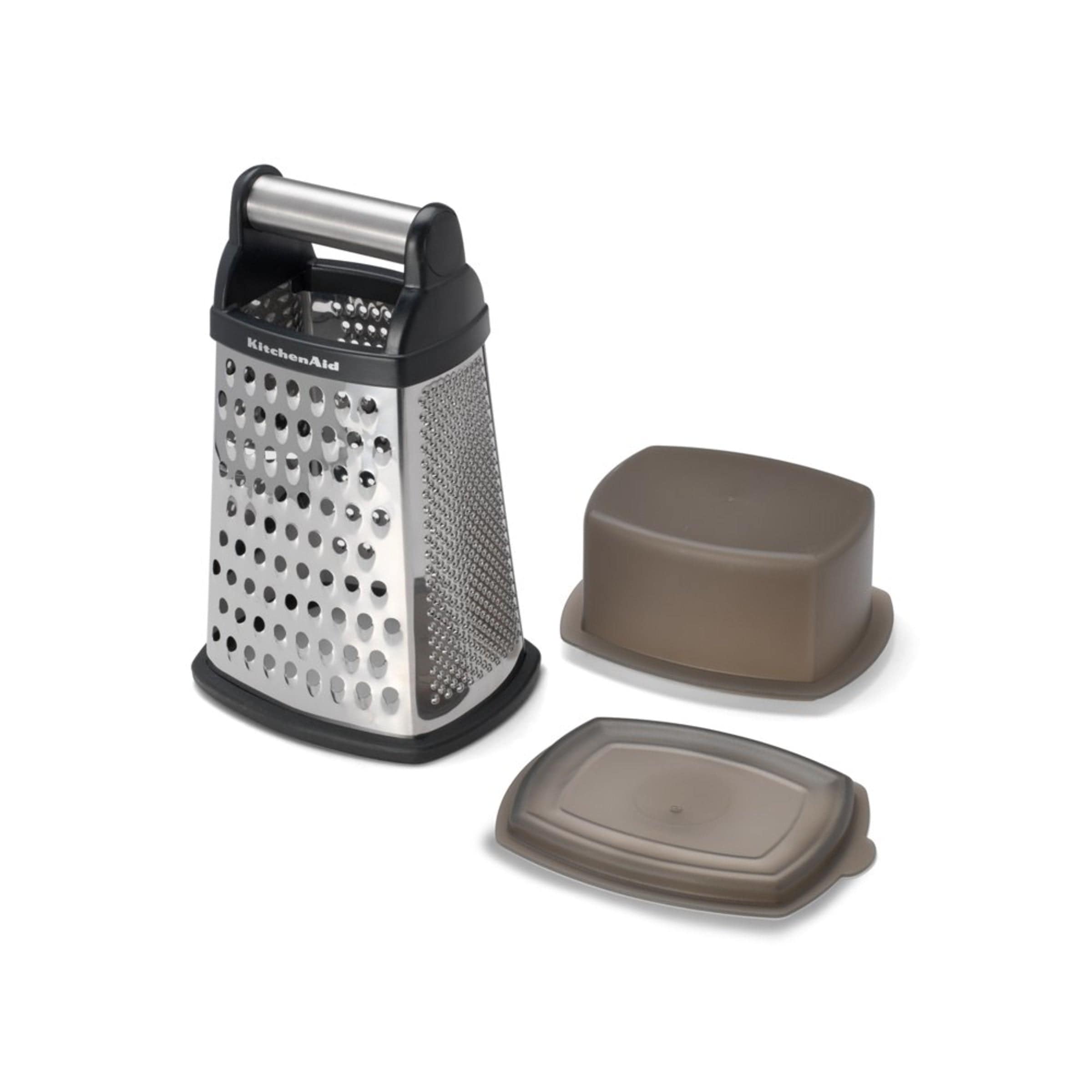 KitchenAid Gourmet 4-Sided Stainless Steel Box Grater for Fine, Medium and Coarse Grate, and Slicing, Detachable 3 Cup Storage Container and Measurment Markings, Dishwasher Safe, 10 inches tall, Black