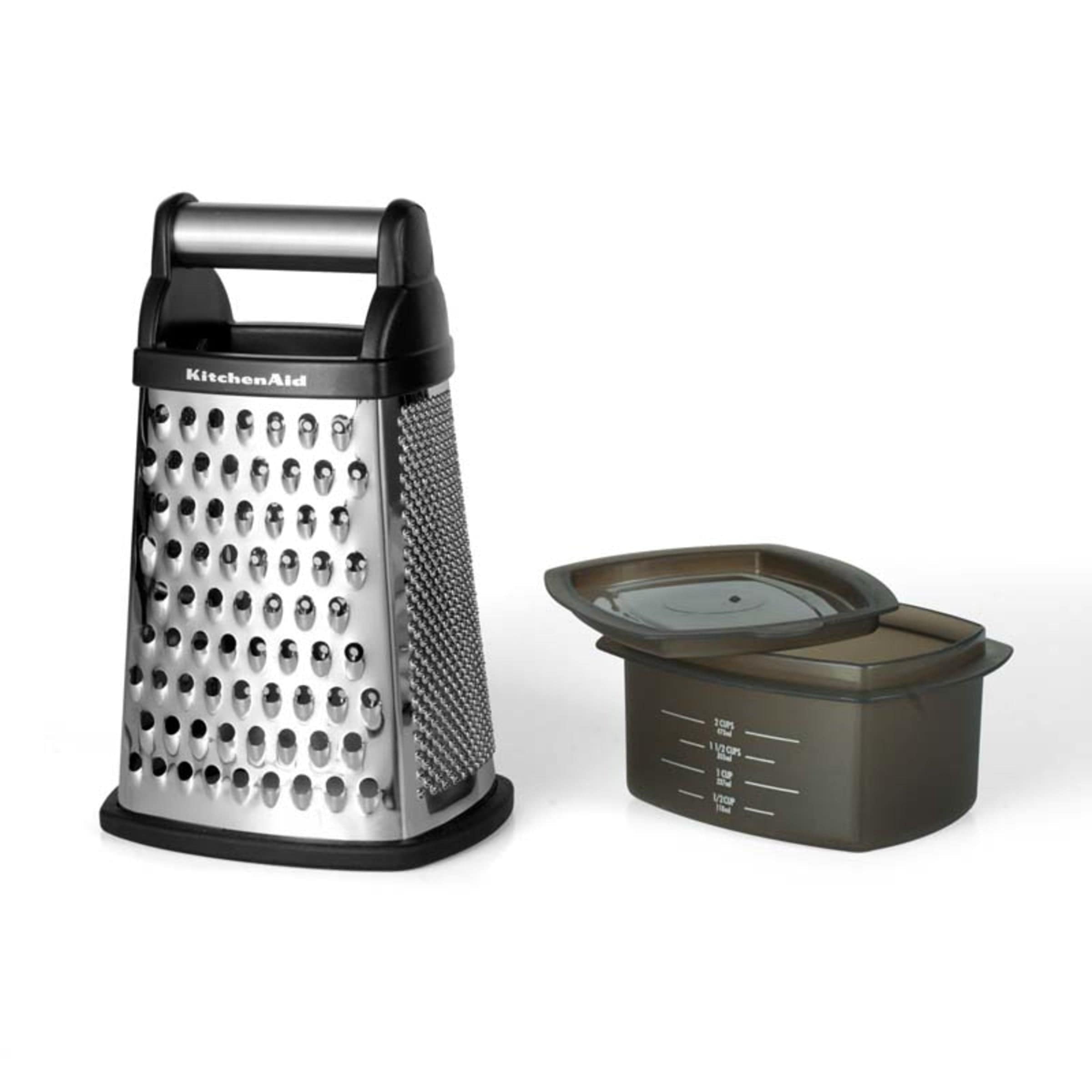KitchenAid Gourmet 4-Sided Stainless Steel Box Grater for Fine, Medium and Coarse Grate, and Slicing, Detachable 3 Cup Storage Container and Measurment Markings, Dishwasher Safe, 10 inches tall, Black