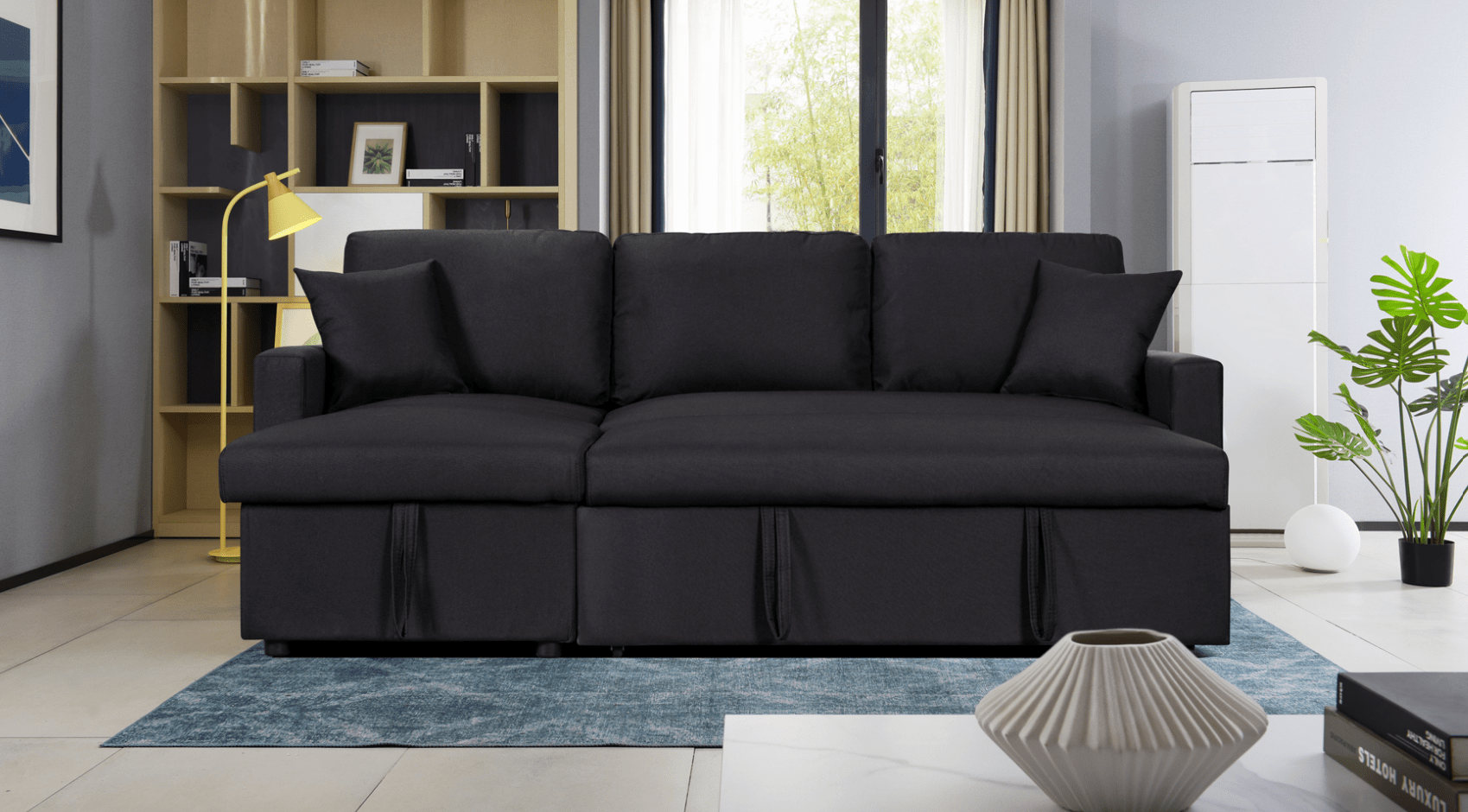 Willow & Hearth Paisley 82"W Black Linen Fabric Reversible Sleeper Sectional Sofa with Storage Chaise