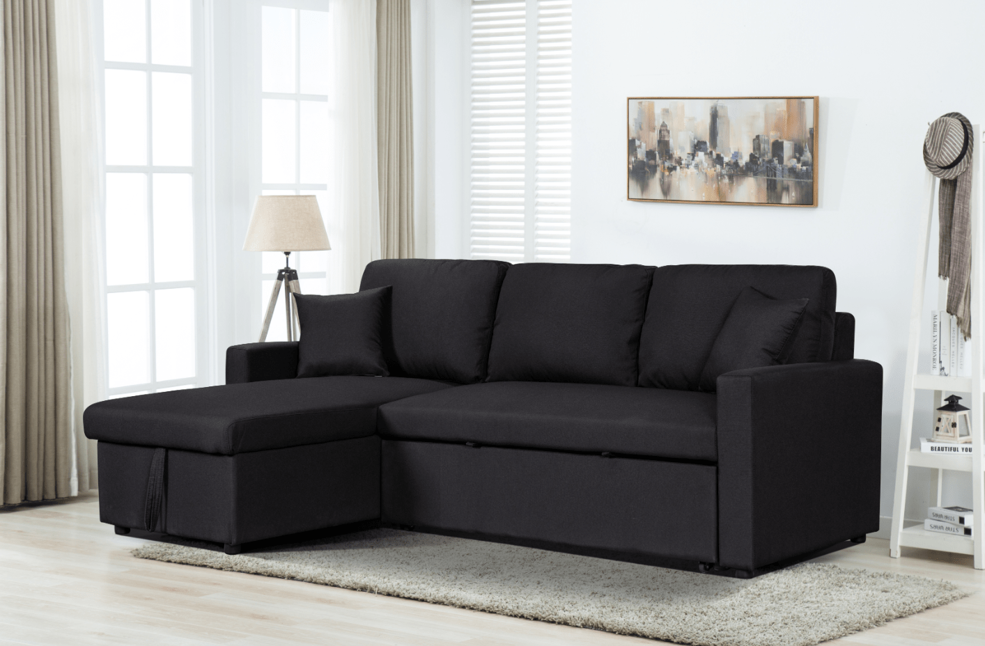 Willow & Hearth Paisley 82"W Black Linen Fabric Reversible Sleeper Sectional Sofa with Storage Chaise