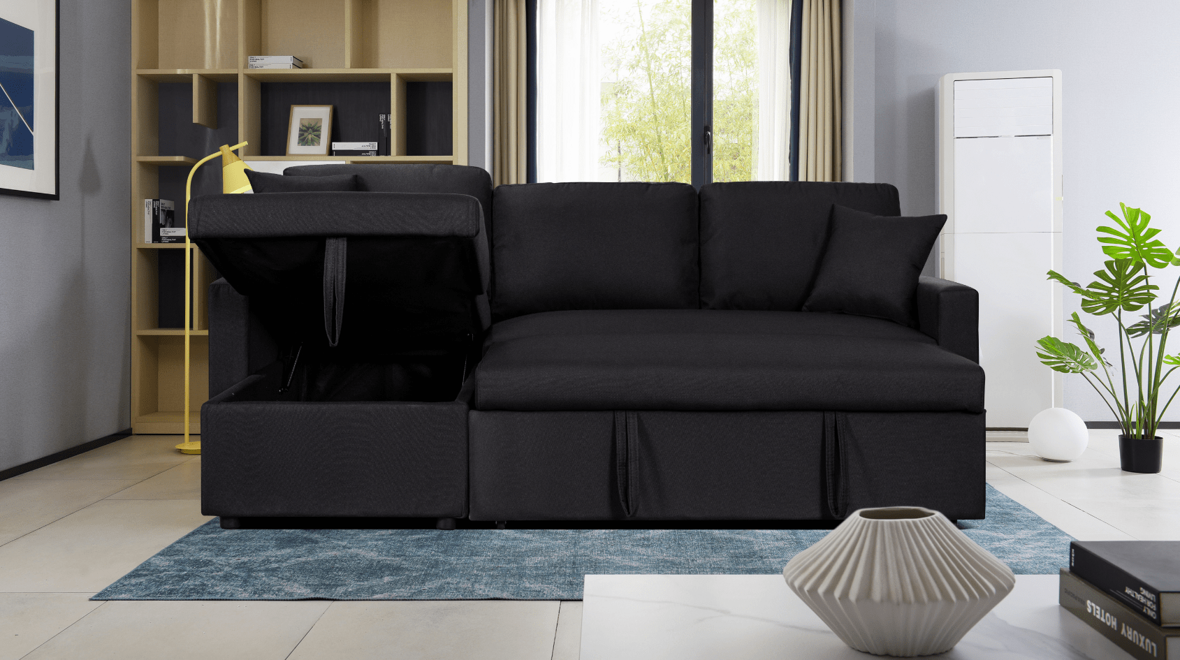 Willow & Hearth Paisley 82"W Black Linen Fabric Reversible Sleeper Sectional Sofa with Storage Chaise