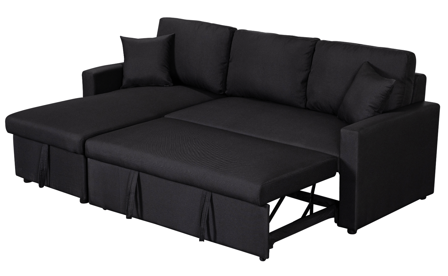 Willow & Hearth Paisley 82"W Black Linen Fabric Reversible Sleeper Sectional Sofa with Storage Chaise