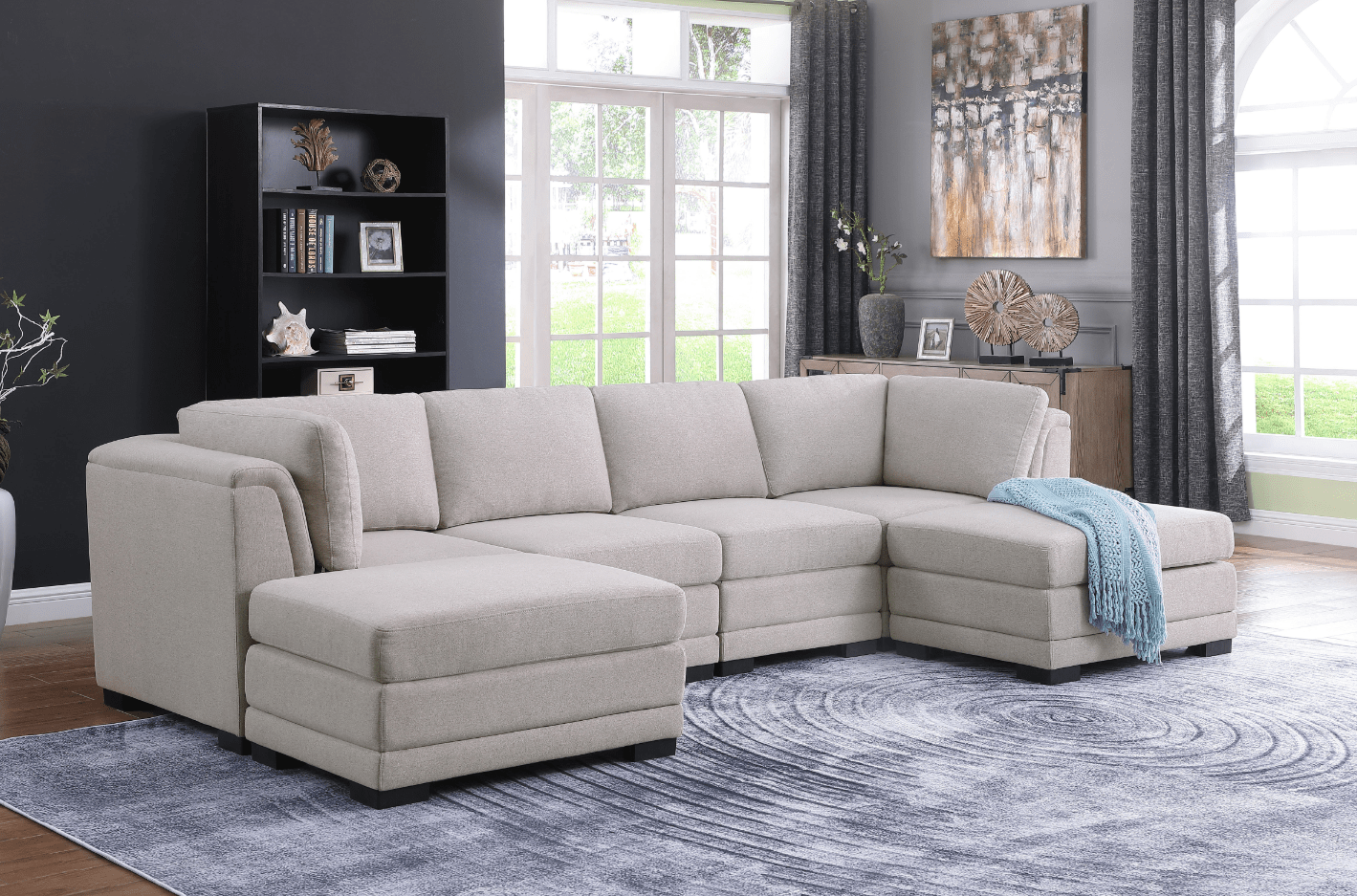 Willow & Hearth Kristin 121.5"W Light Gray Linen Fabric Reversible Sectional Sofa with 2 Ottomans