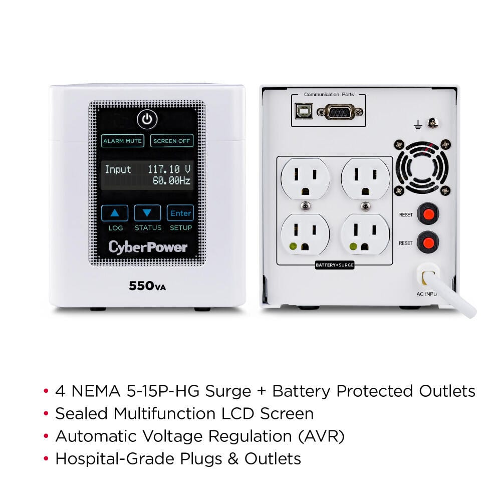 CyberPower M550L Medical-Grade UPS System, 550VA/440W, 4 Outlets, AVR, Tower, White - Certified Refurbished
