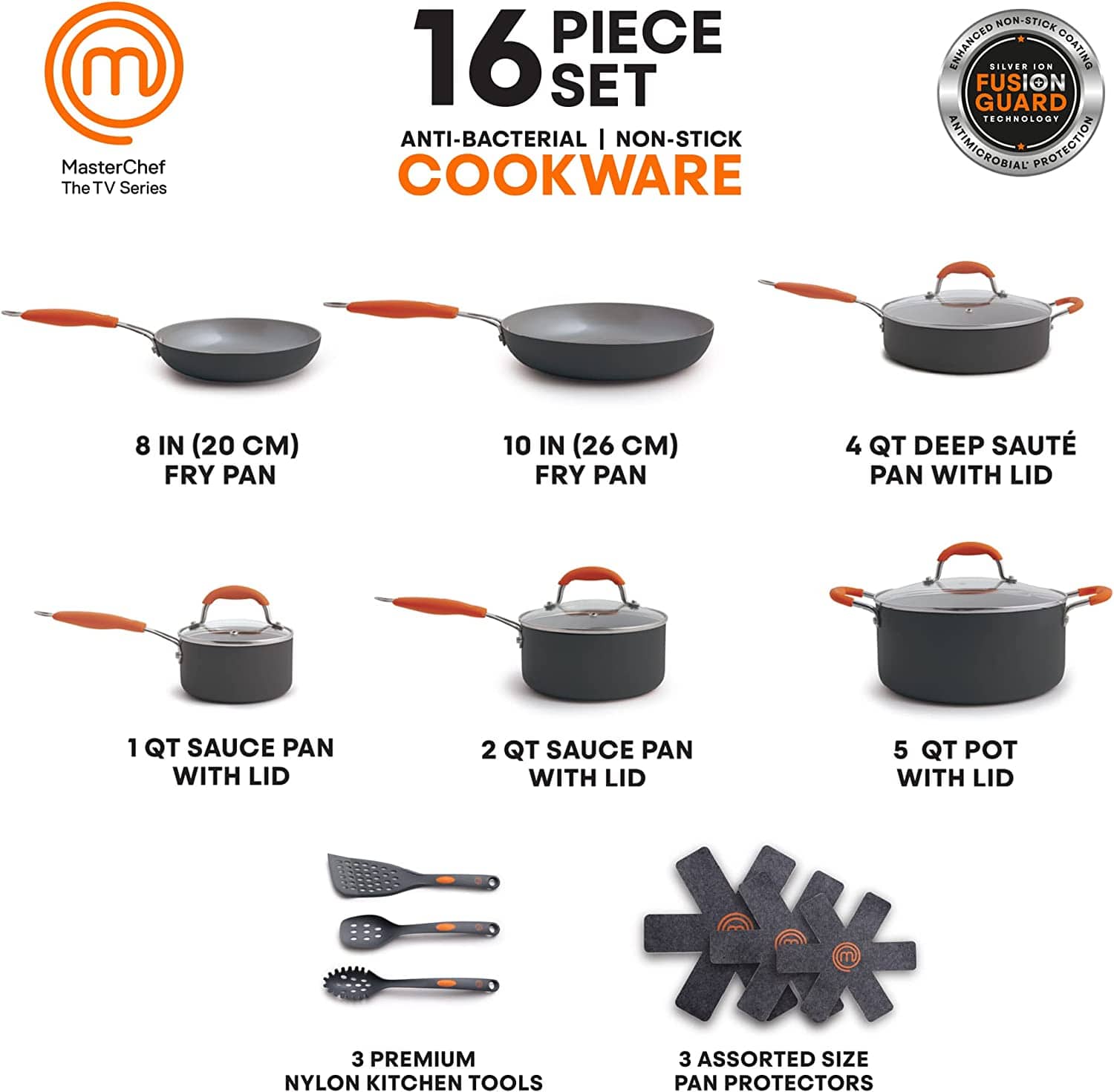 MasterChef 16-Piece Champions Cookware Set, Gray