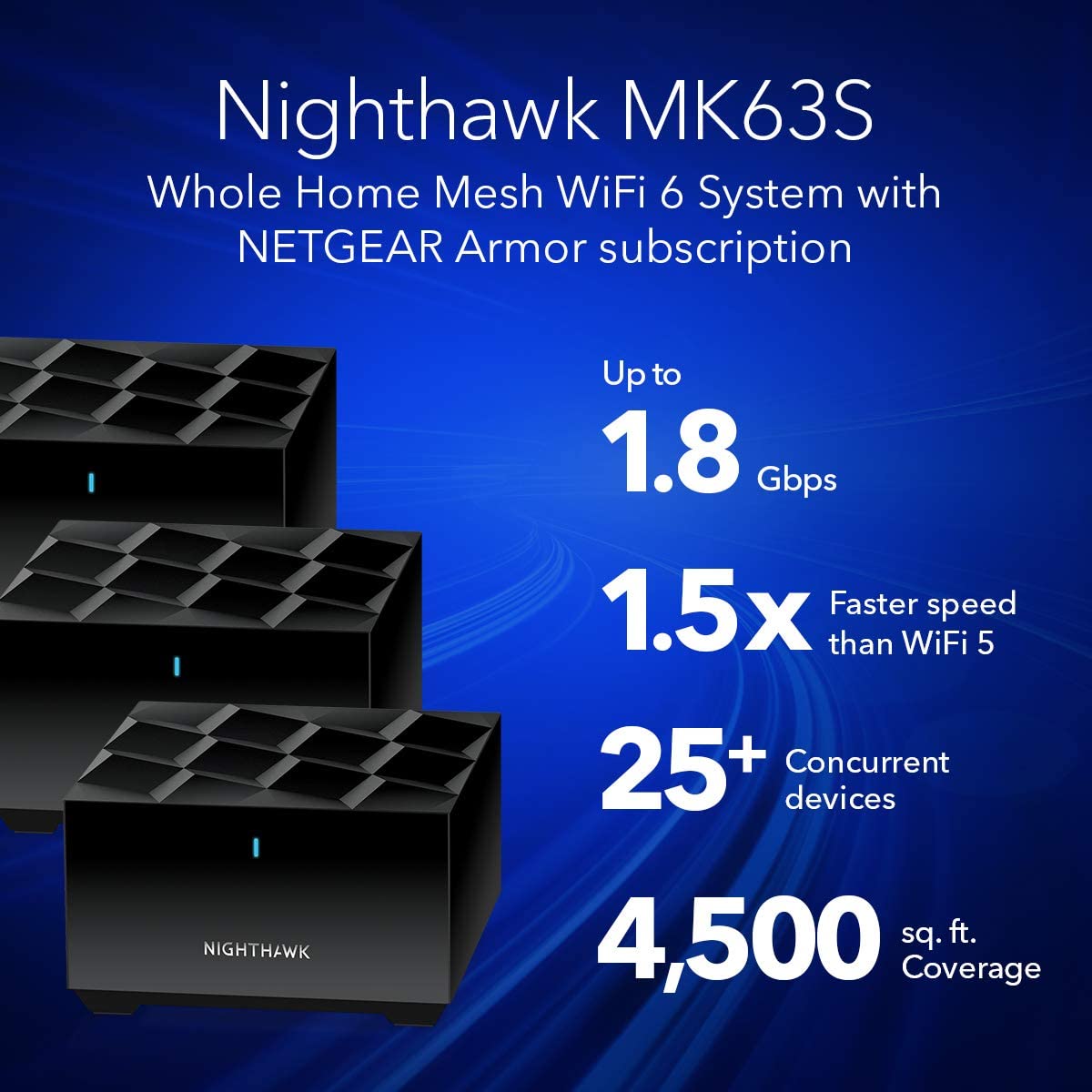 Netgear MK73S-100NAS Nighthawk Dual-Band AX3000 3-Pack 3Gbps WiFi 6 Mesh System Router + 2 Satellites