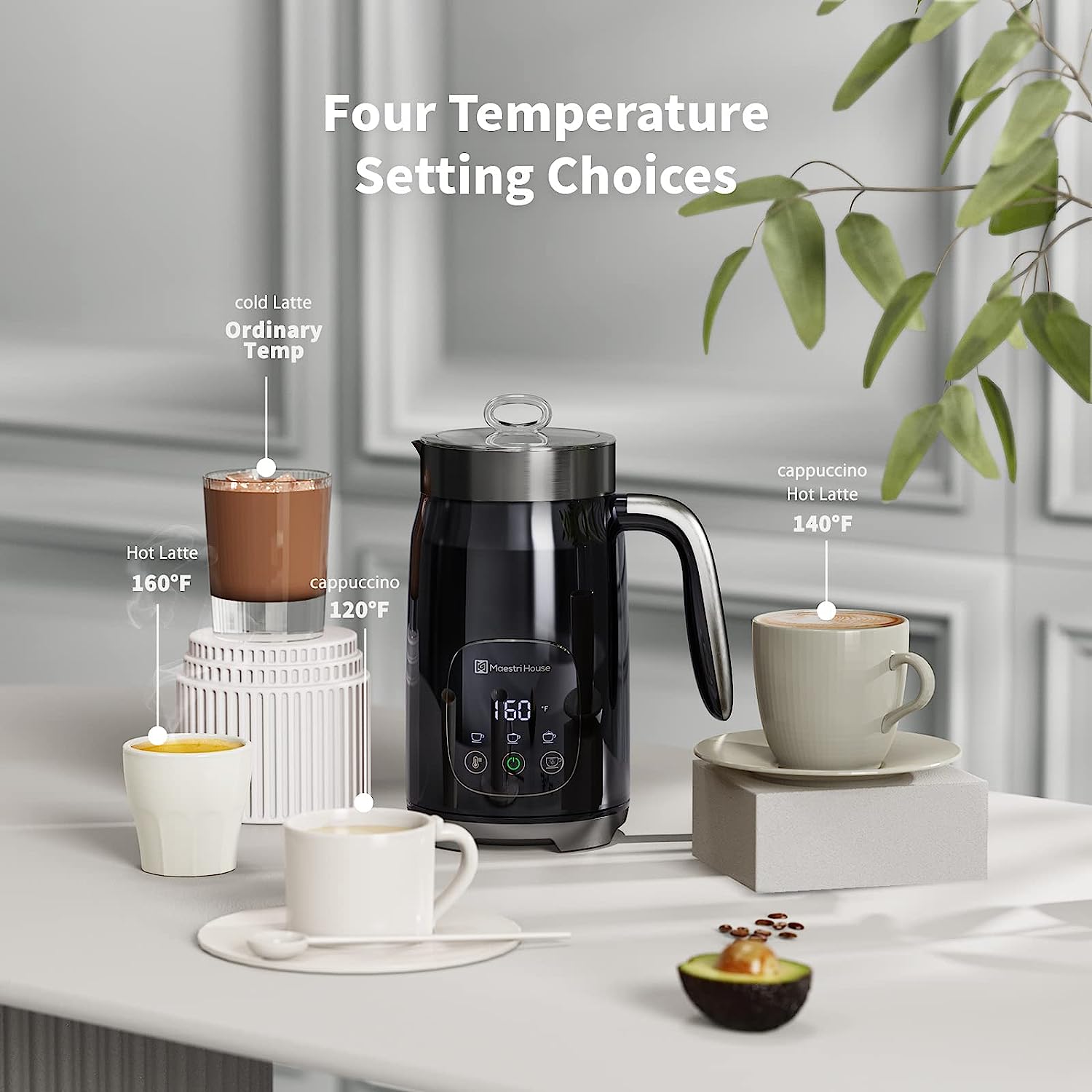 Maestri House 14oz Smart Adjustable Temperature & Thickness Control for Lattes, Cappuccinos, and Mochas Integrated Milk Frother Black