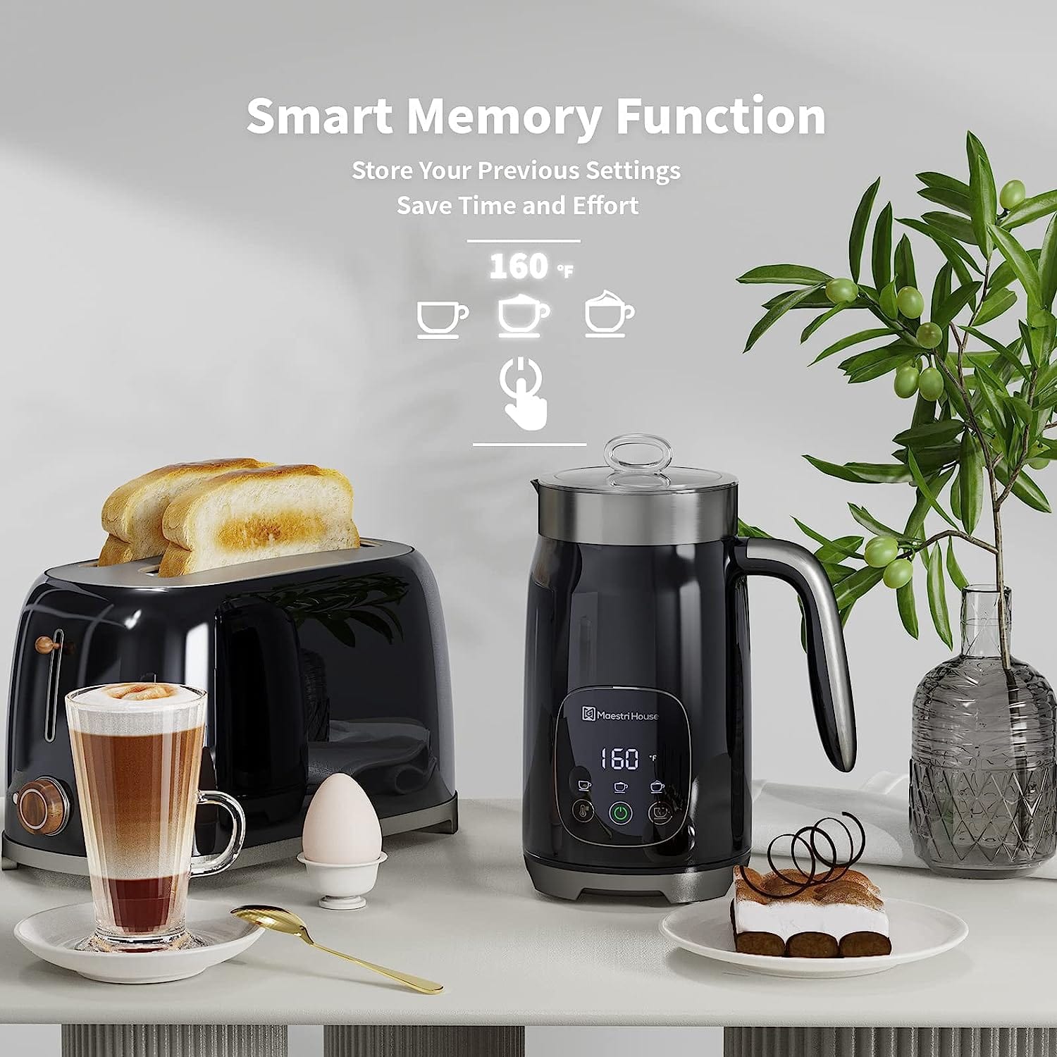 Maestri House 14oz Smart Adjustable Temperature & Thickness Control for Lattes, Cappuccinos, and Mochas Integrated Milk Frother Black