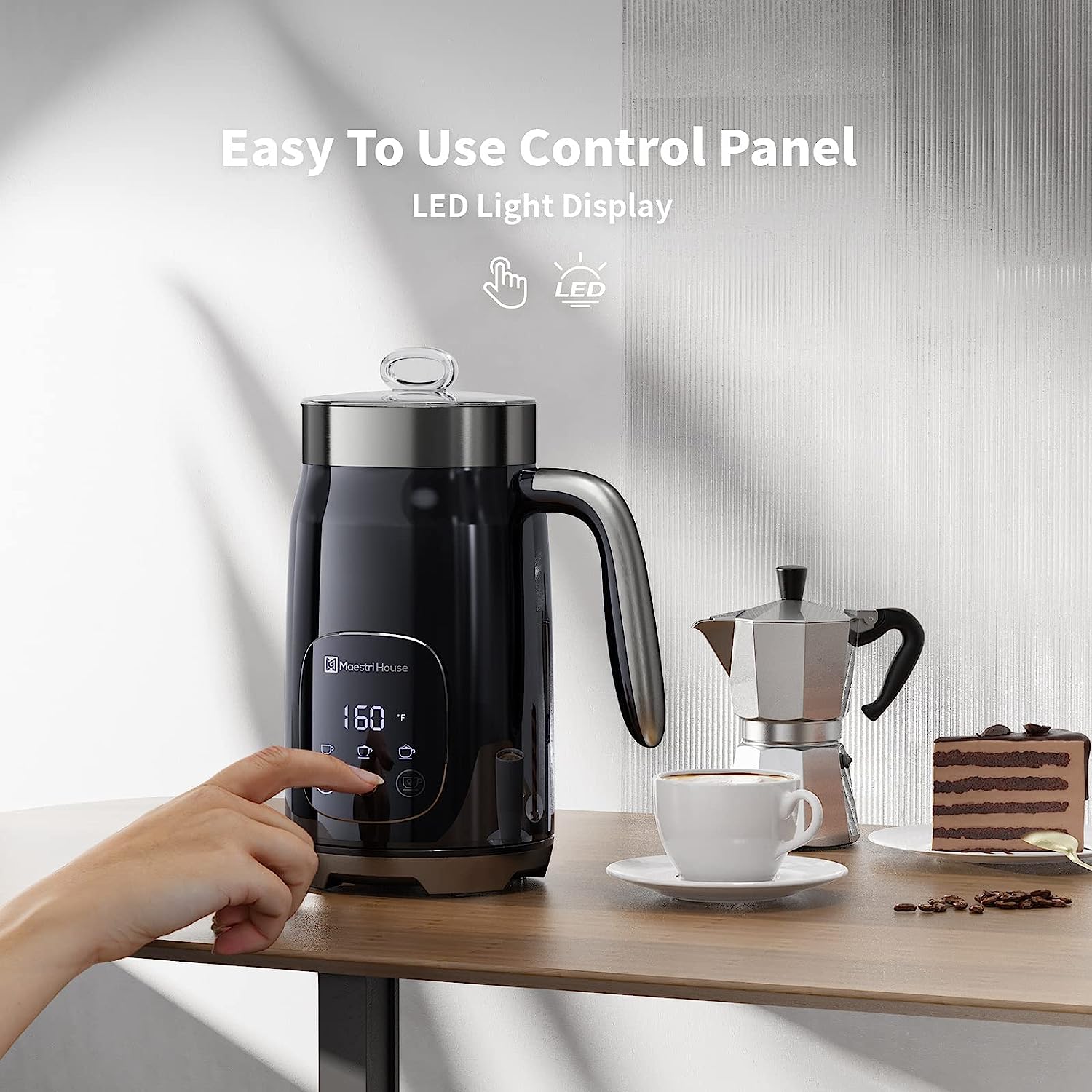 Maestri House 14oz Smart Adjustable Temperature & Thickness Control for Lattes, Cappuccinos, and Mochas Integrated Milk Frother Black