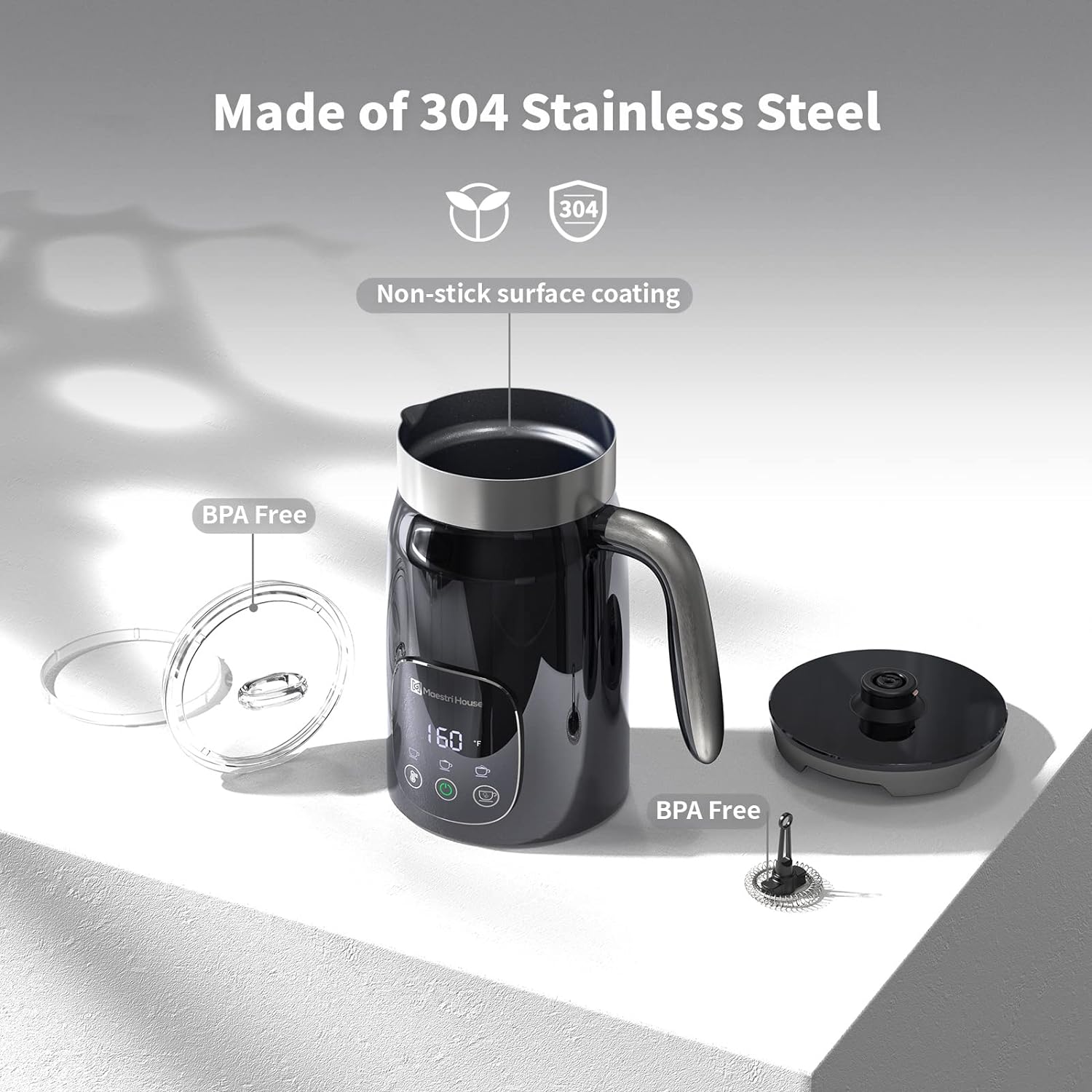 Maestri House Variable Temp + Froth Thickness, Milk Frother + Steamer, Black - Certified Refurbished