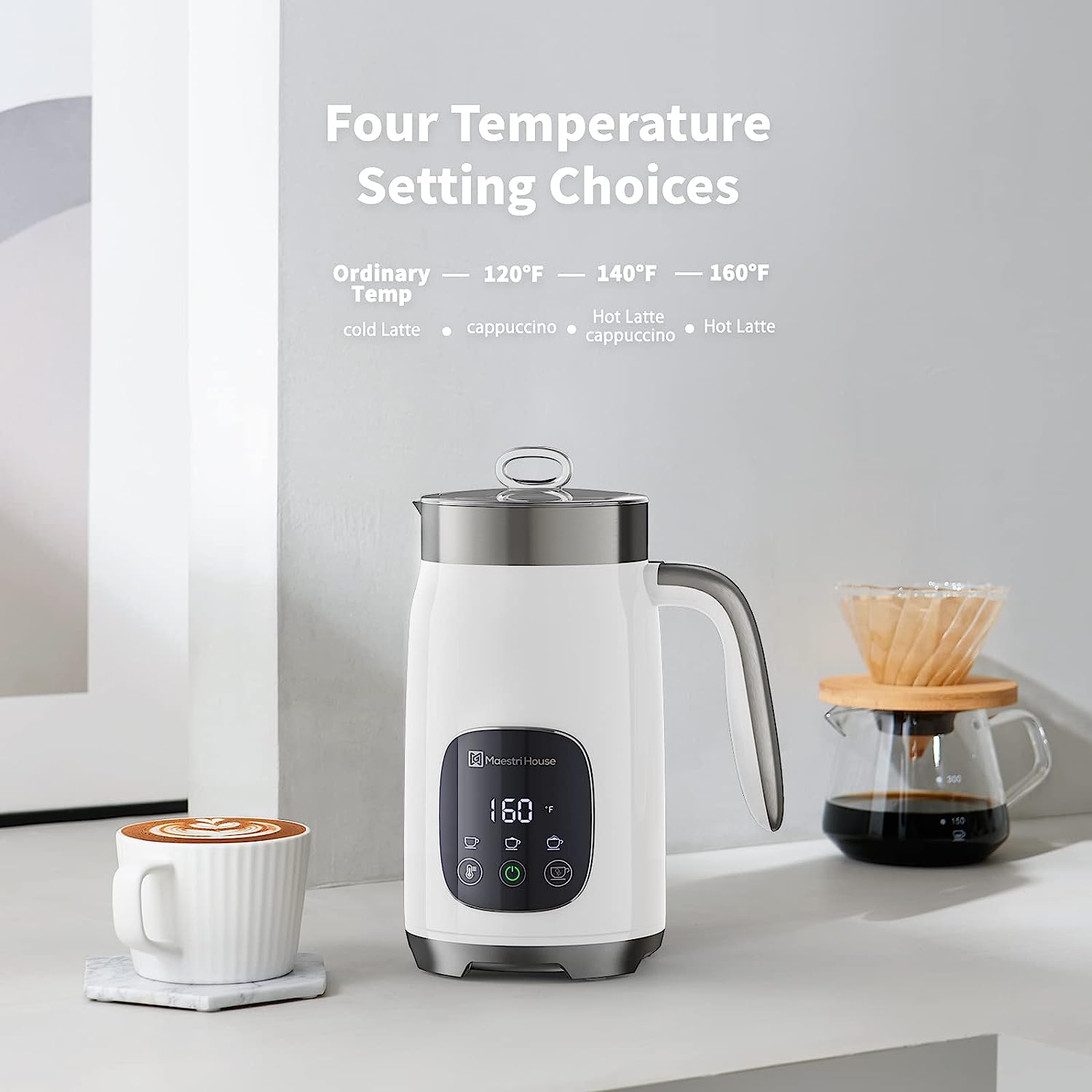 Maestri House 14oz Smart Adjustable Temperature & Thickness Control for Lattes, Cappuccinos, and Mochas Integrated Milk Frother White