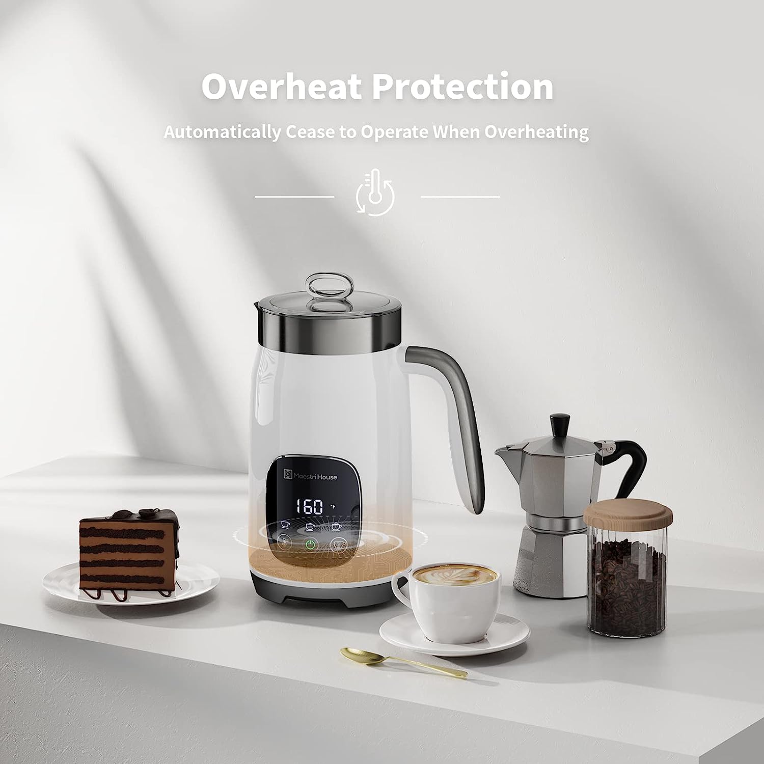 Maestri House 14oz Smart Adjustable Temperature & Thickness Control for Lattes, Cappuccinos, and Mochas Integrated Milk Frother White