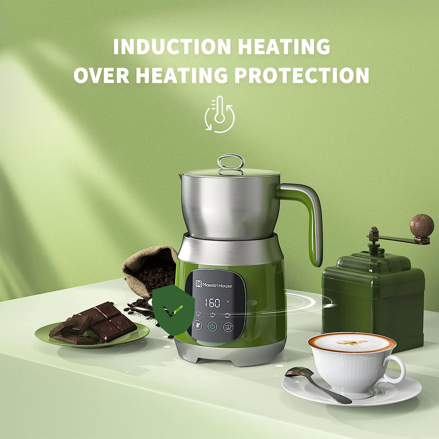 Maestri House 21oz Smart Touch Control,Variable Temp and Froth Thickness Detachable Milk Frother Green