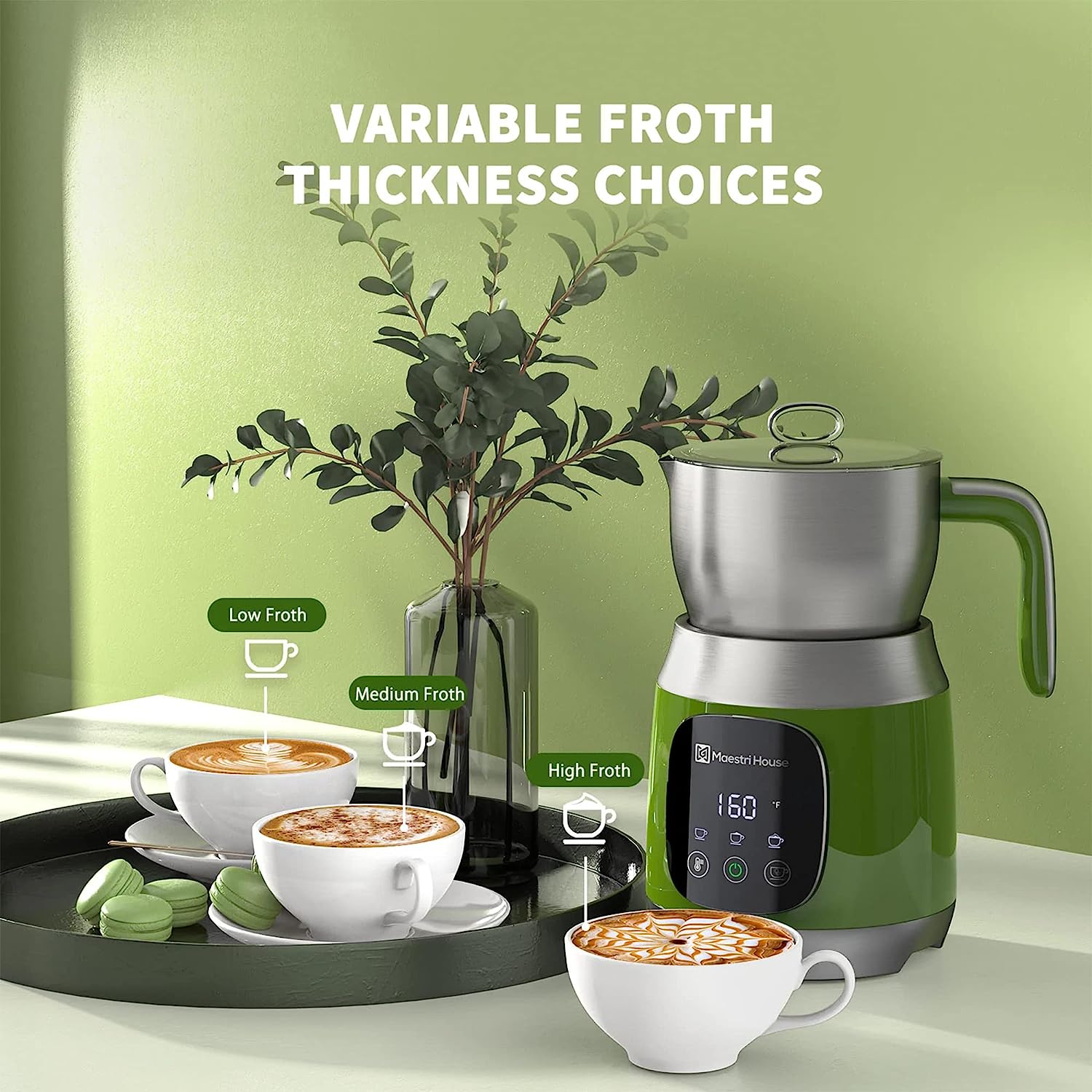 Maestri House 21oz Smart Touch Control,Variable Temp and Froth Thickness Detachable Milk Frother Green