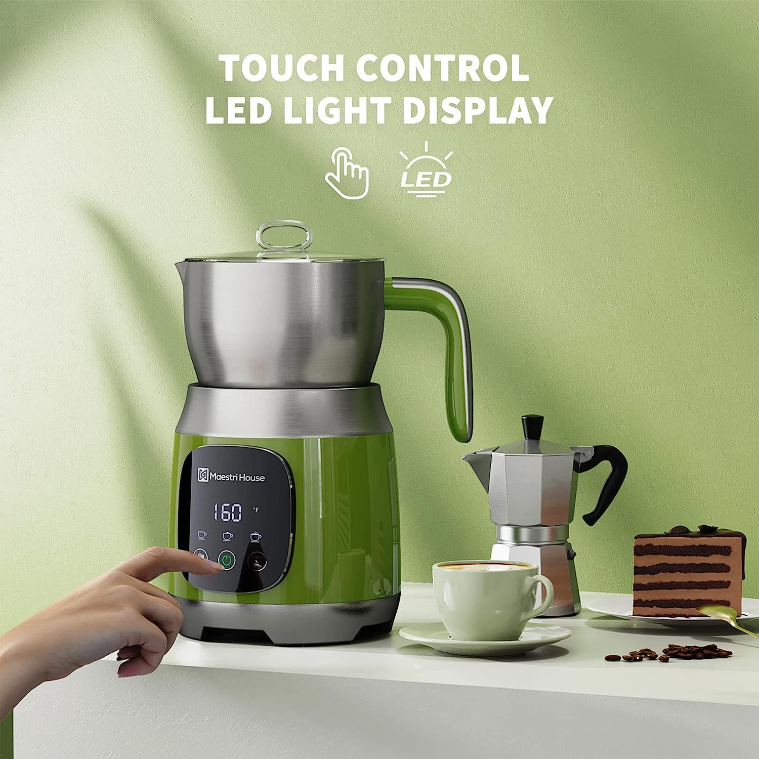 Maestri House 21oz Smart Touch Control,Variable Temp and Froth Thickness Detachable Milk Frother Green