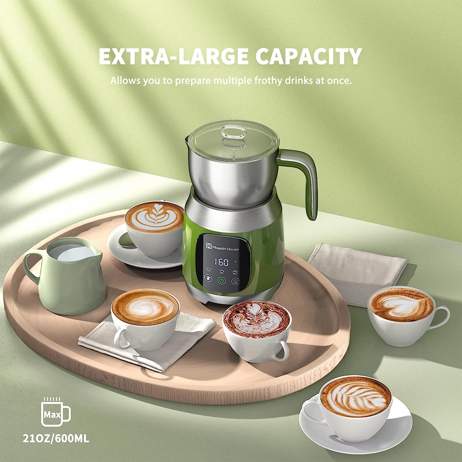 Maestri House 21oz Smart Touch Control,Variable Temp and Froth Thickness Detachable Milk Frother Green