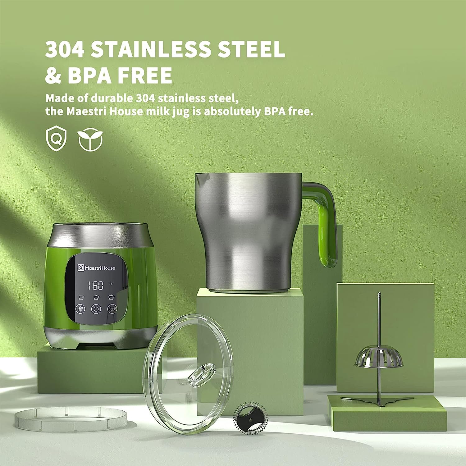 Maestri House 21oz Smart Touch Control,Variable Temp and Froth Thickness Detachable Milk Frother Green