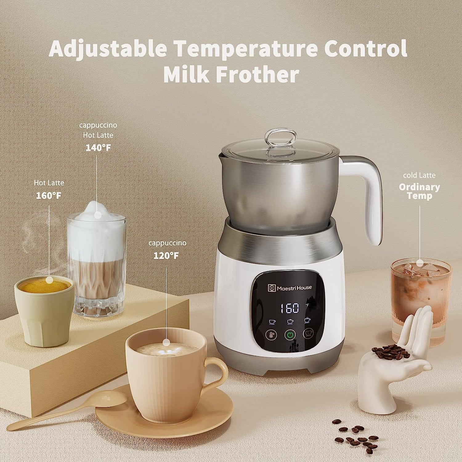 Maestri House 21oz Smart Touch Control,Variable Temp and Froth Thickness Detachable Milk Frother White