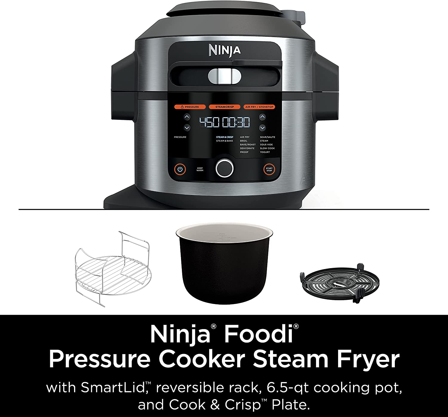 Ninja OL501 Foodi 14-in-1 6.5 Quart SmartLid Pressure Cooker Steam Fryer, Silver/Black