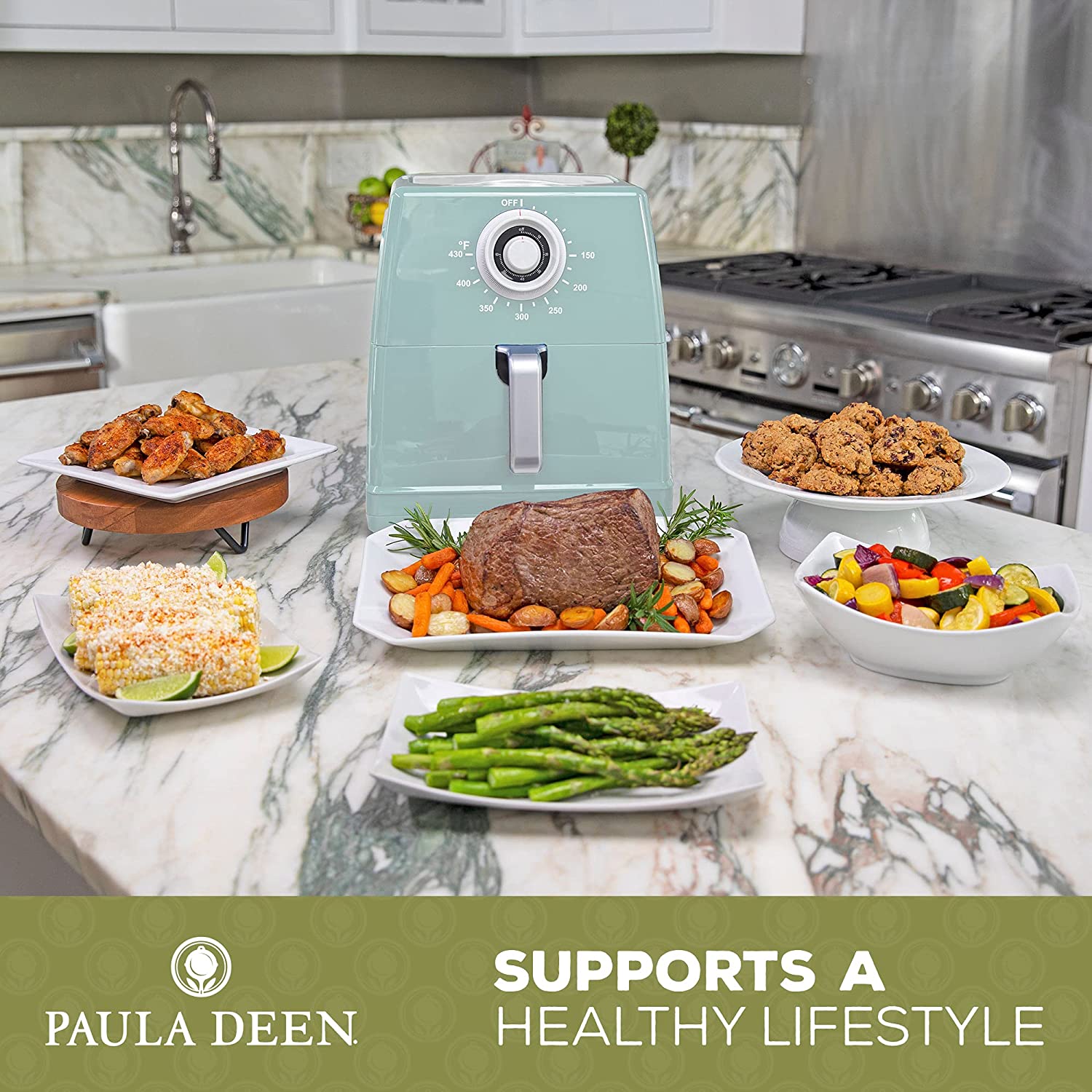 Paula Deen 8.5QT 1700 Watt Large Air Fryer, Rapid Air Circulation System, Sea Glass