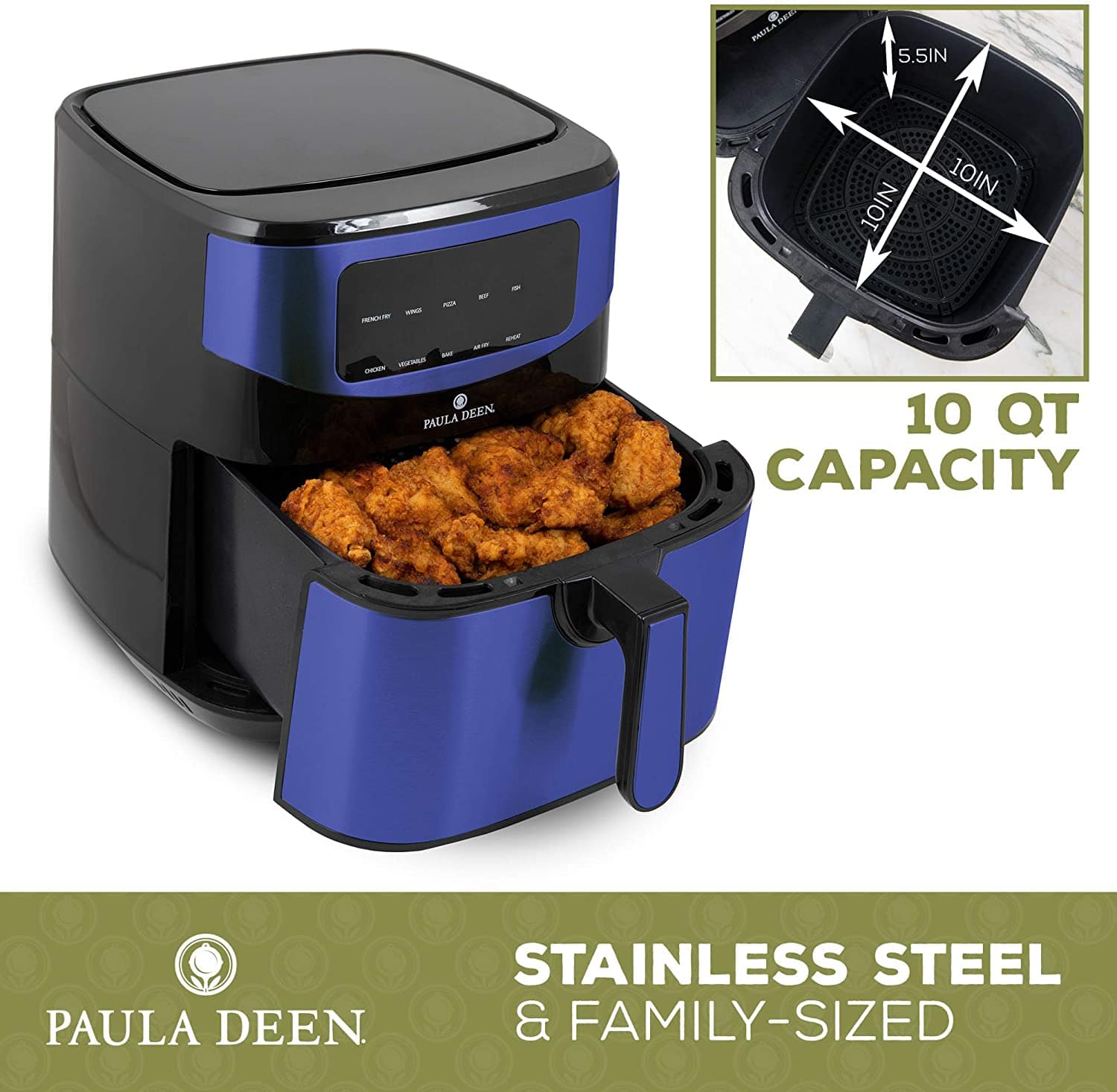 Paula Deen Stainless Steel 10 QT Digital Air Fryer 1700 Watts, LED Display, 10 Preset Cooking Functions, Ceramic Non-Stick Coating, Auto Shut-Off, 50 Recipes Blue Stainless