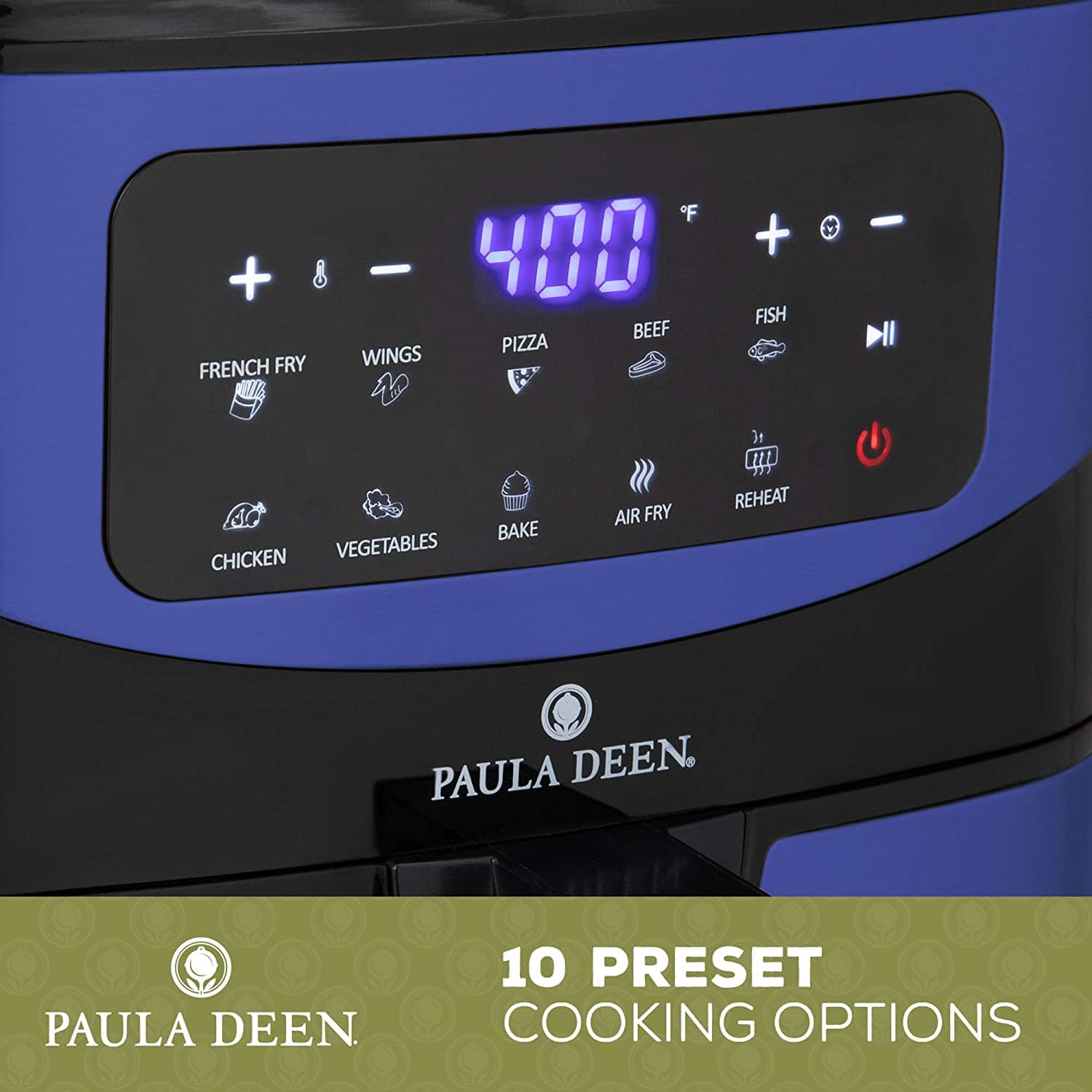 Paula Deen Stainless Steel 10 QT Digital Air Fryer 1700 Watts, LED Display, 10 Preset Cooking Functions, Ceramic Non-Stick Coating, Auto Shut-Off, 50 Recipes Blue Stainless